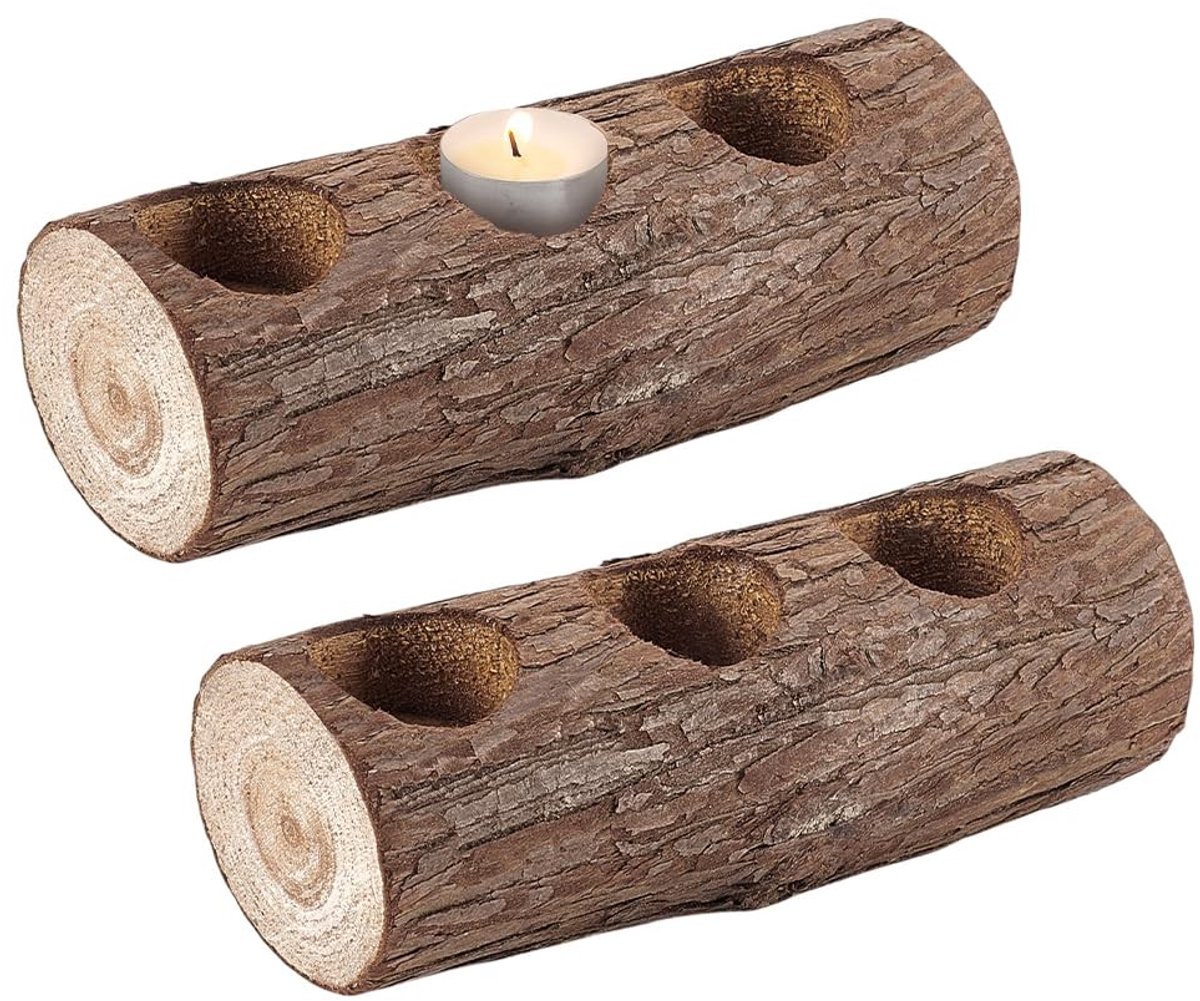 Dailygoods- Theelichthouder Houten - Set van 2 - 3 Gaten - Rechthoekige Basis - 35 mm Binnendiameter - 65,5 mm Breedte - 177 mm Lengte - Kandelaar