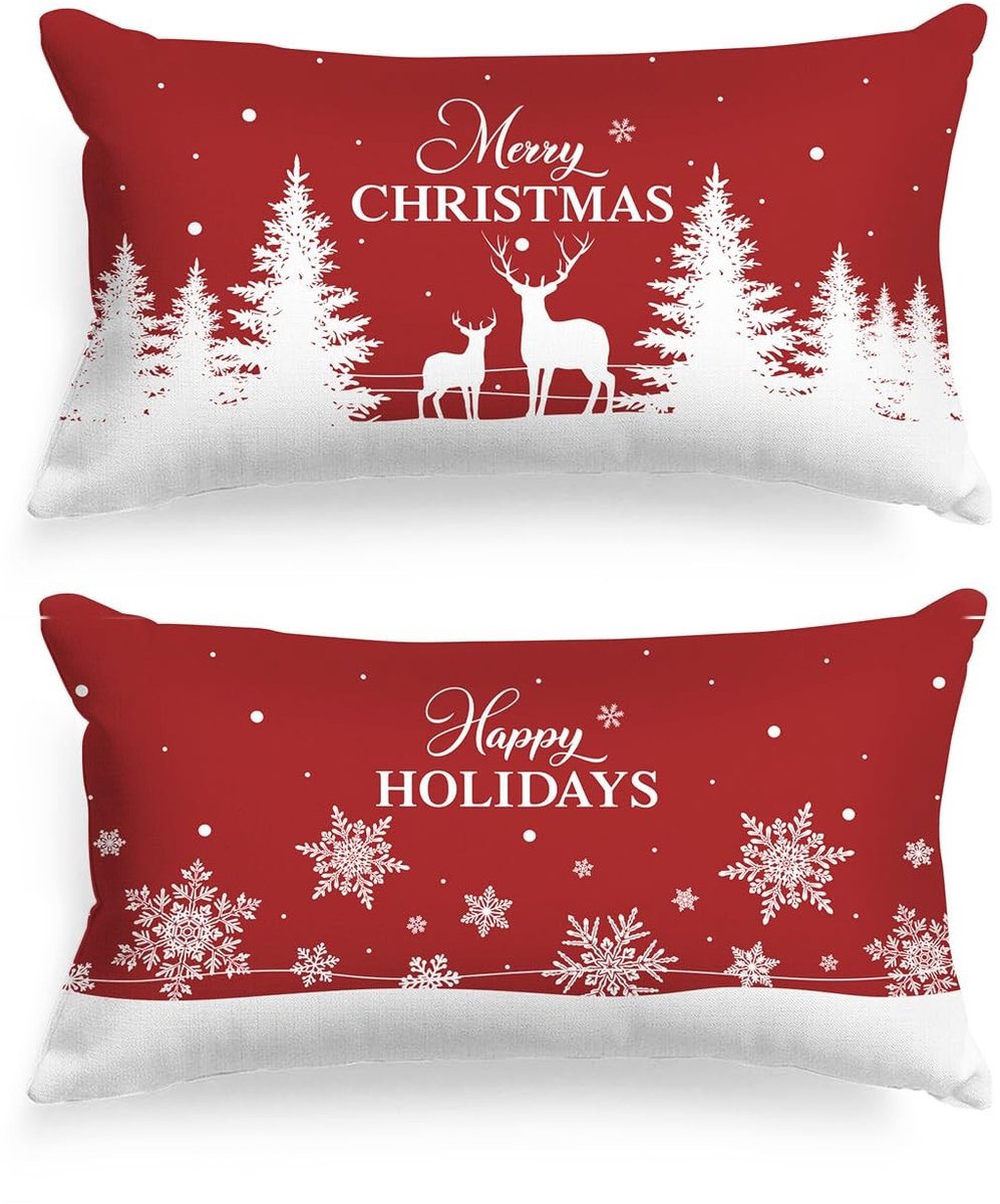 Dailygoods- Kussensloop 40 x 81 cm - Set van 2 - Kerstdecoratie - Sneeuwvlokken/eland - Duurzaam katoen - Geschikt voor kinderen/huisdieren - Decoratieve Kussensloop