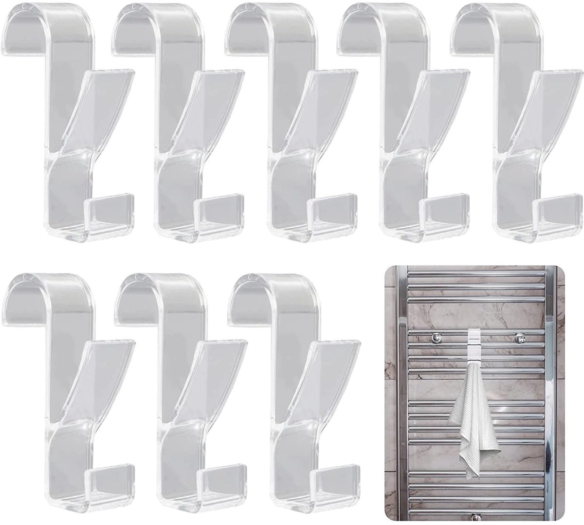Dailygoods- Radiatorhaak - 8 Stuks - Handdoekhouder - Transparant - Flexibele Klembevestiging - Geschikt voor Standaard Radiatoren