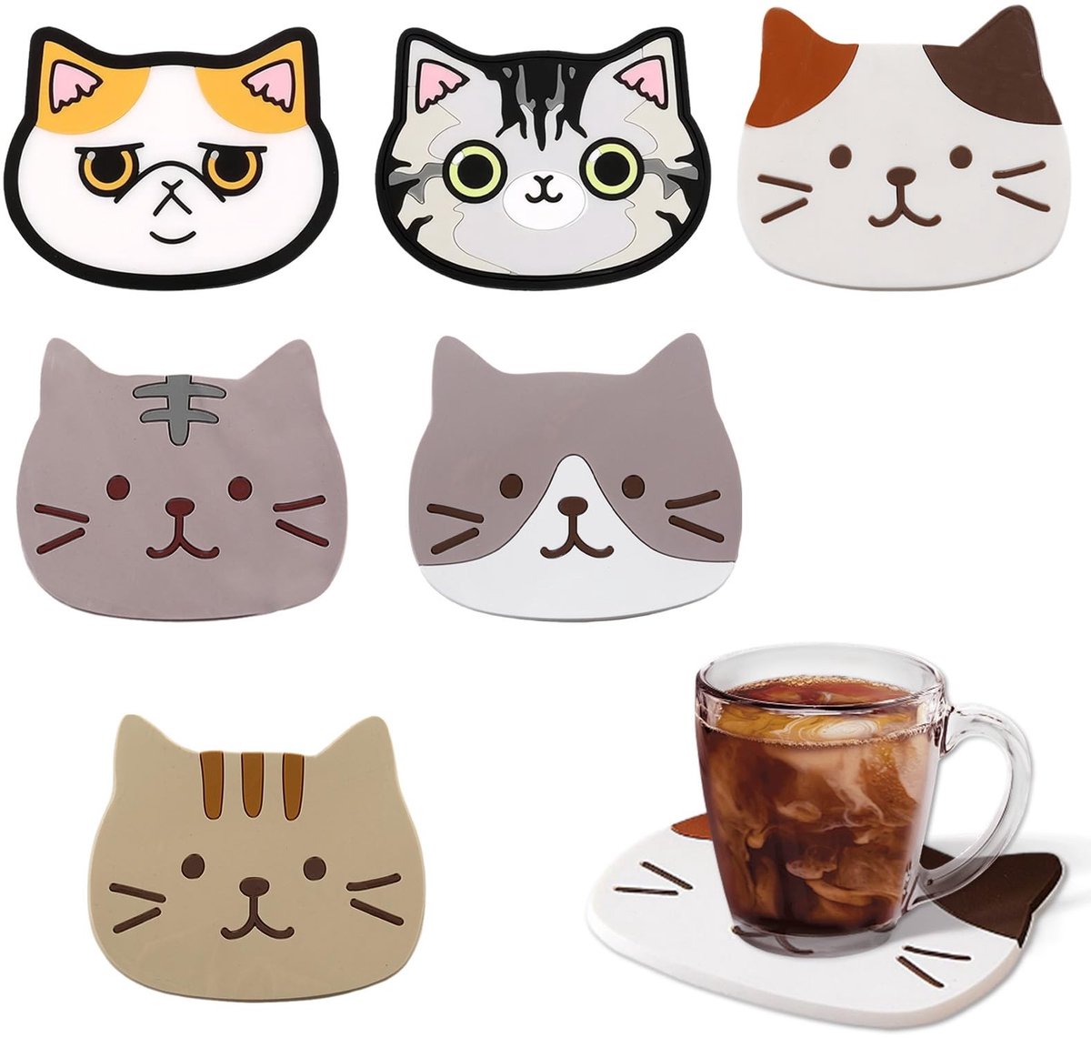 Dailygoods- Onderzetters Antislip - Katten Onderzetters Set van 6 - Hittebestendig - Siliconen - Duurzaam - Voedselveilig - Onderzetter
