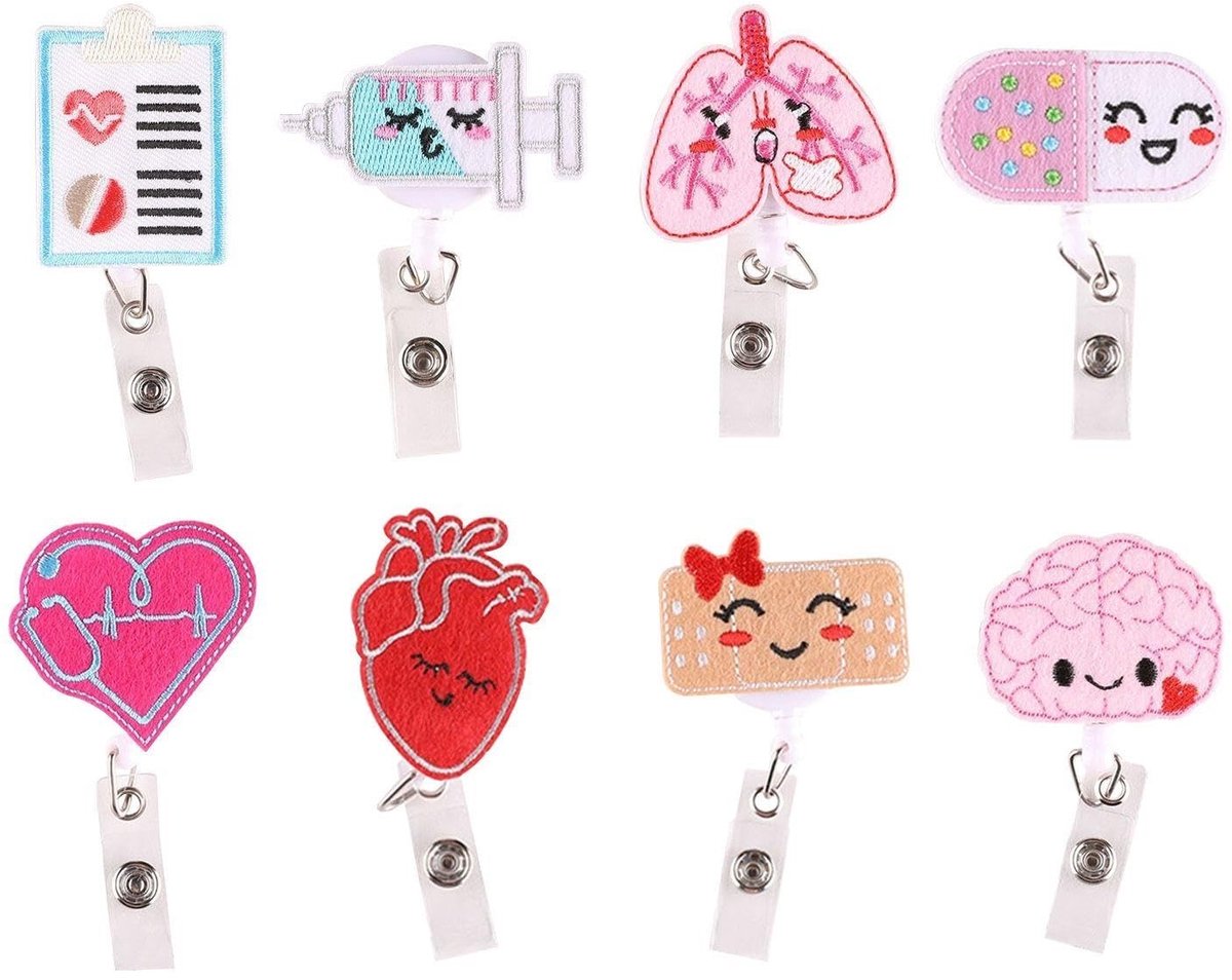 Dailygoods- Sleutelhangers - 8 Stuks - Retractable Lanyard Clips - Identificatie Accessoires - Geschikt voor Verpleegkundigen/Docenten - Multicolour Design - Lanyardclips