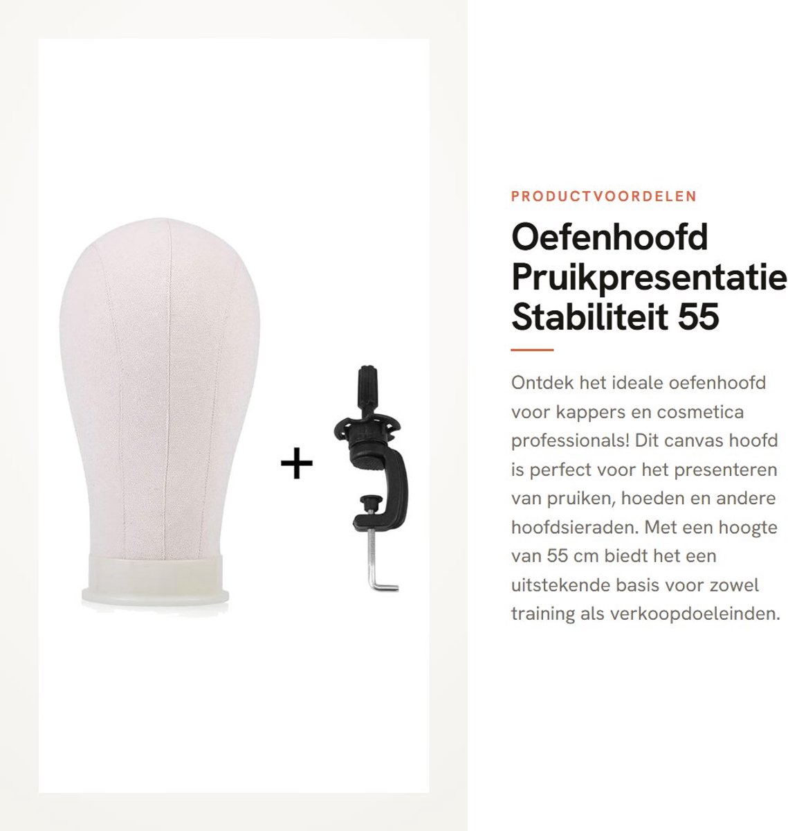 Dailygoods- Oefenhoofd 55 cm - Canvas Hoofd - Kappershoofd - Opmaakpop - Pruikpresentatie - Tafelklemstandaard - Hoogwaardige Kwaliteit - Pruikdisplay