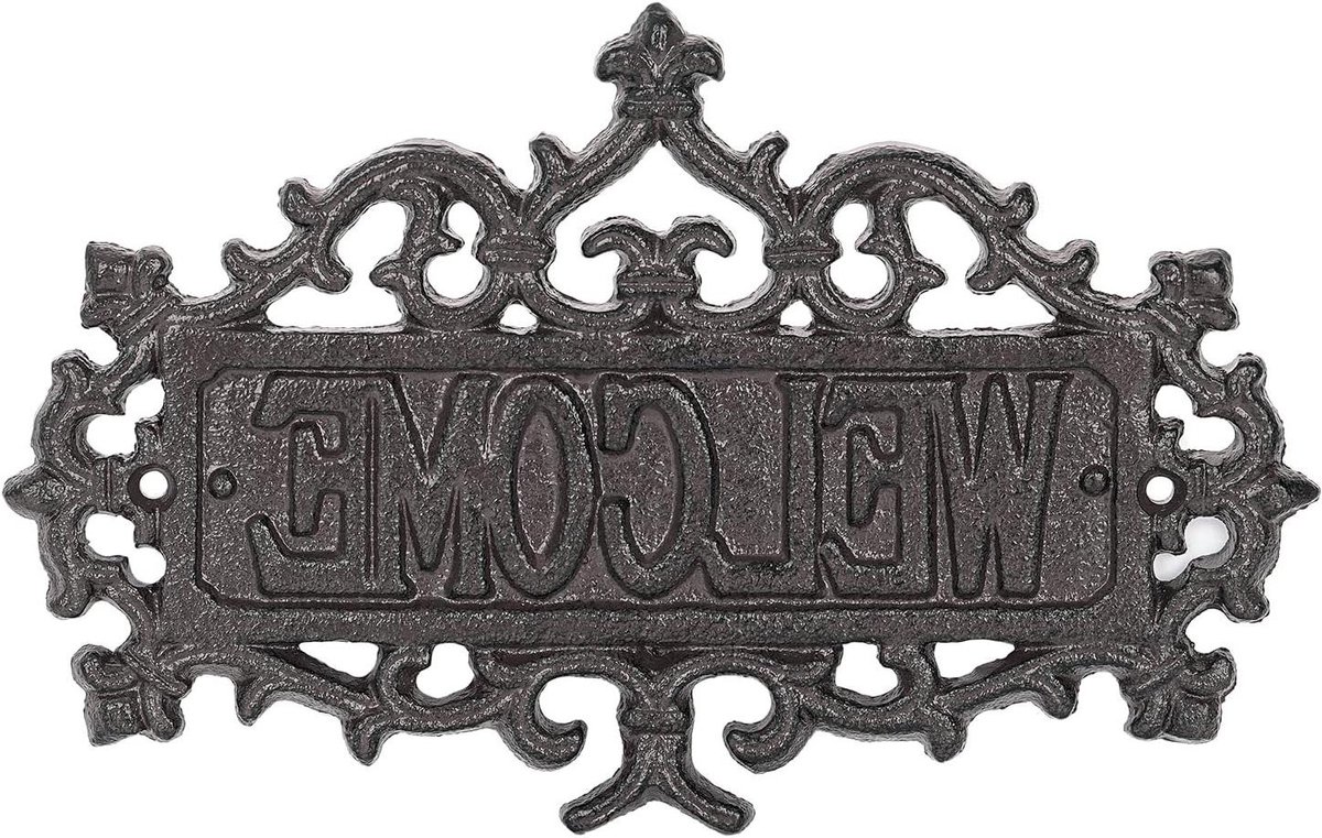 Gietijzeren Welkomstbord - Decoratieve Wandplaat - Gasten Begroeten - Sierlijk Scrollontwerp - 25 x 16 cm - Vintage Zwart