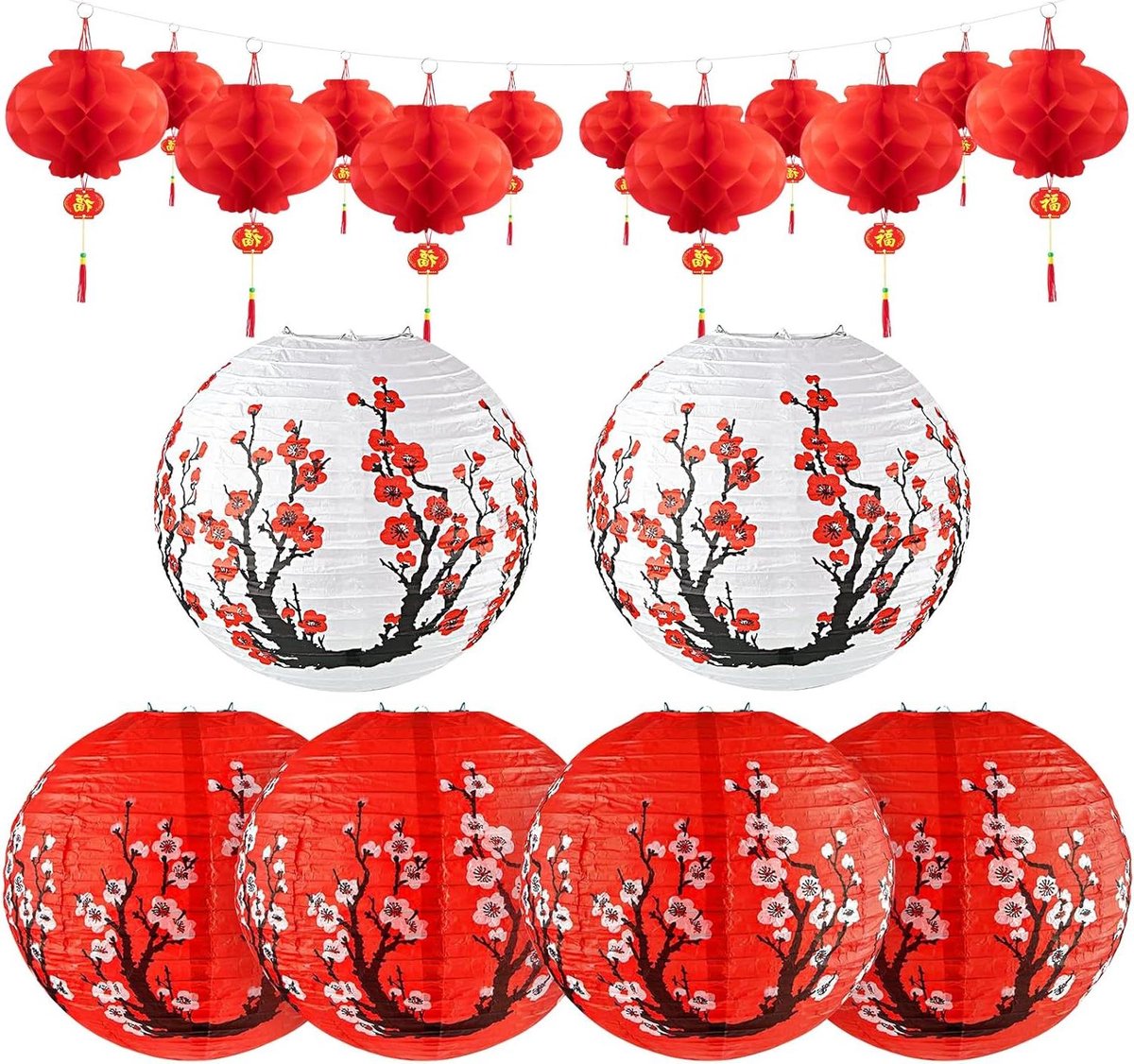 Papieren Lantaarns Set - Chinese Lantaarns Japanse Lantaarns - Feestelijke Decoratie - Kersenbloesem en Rode Designs - 18 stuks