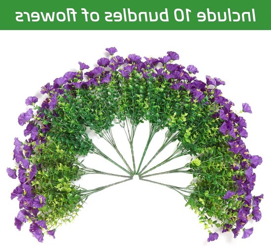 10 Bundels UV-bestendige Kunstbloemen - Prachtige Kunstmatige Morning Glory Bossen voor Tuin, Balkon en Bruiloft Decoratie (Paars) — afbeelding 2