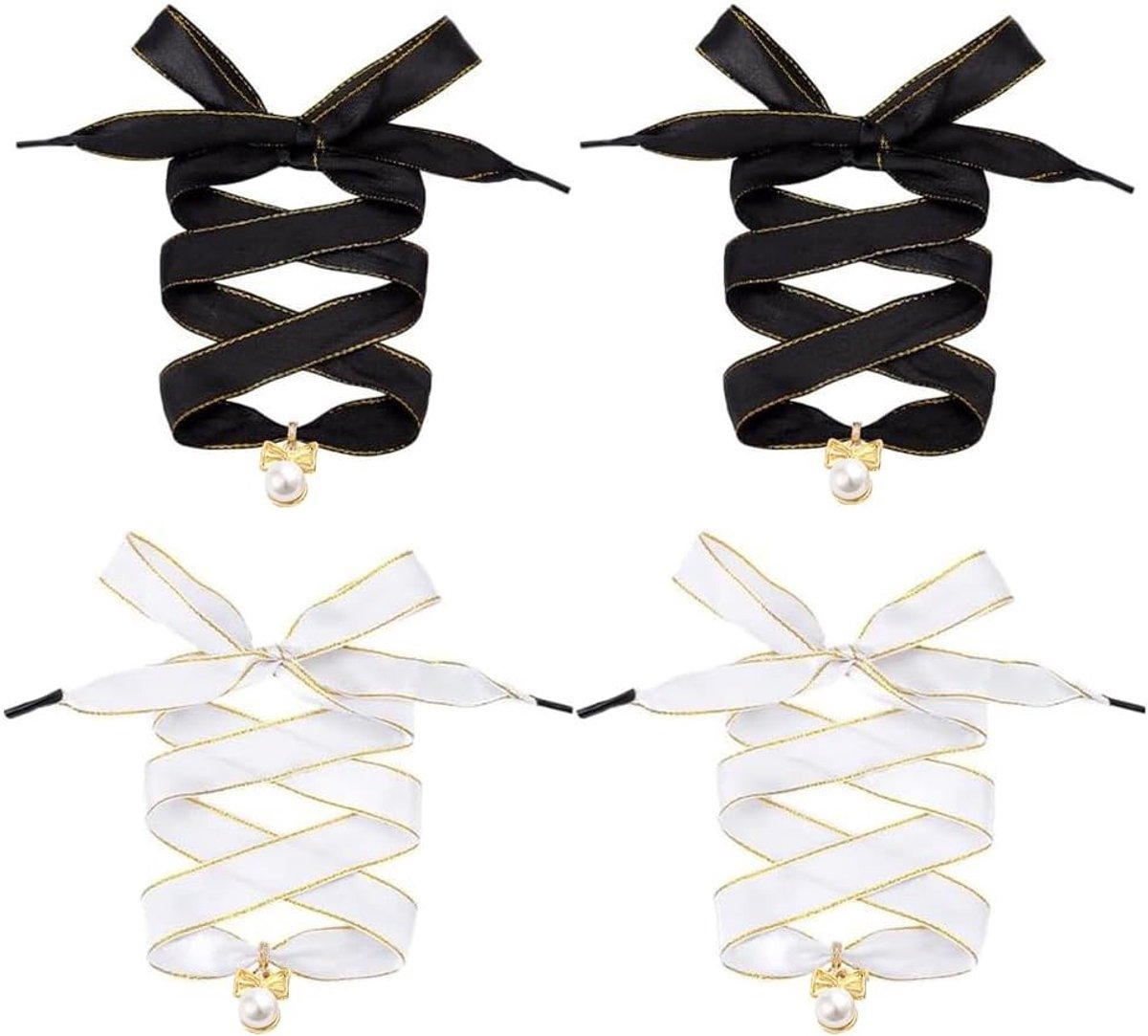 4 Stuks Modieuze Satijnen Veters met Strass Strik en Parels, 112 cm Zwarte en Witte Veters voor Dames Sneakers, Perfecte Vervanging voor Stijlvolle Schoenen