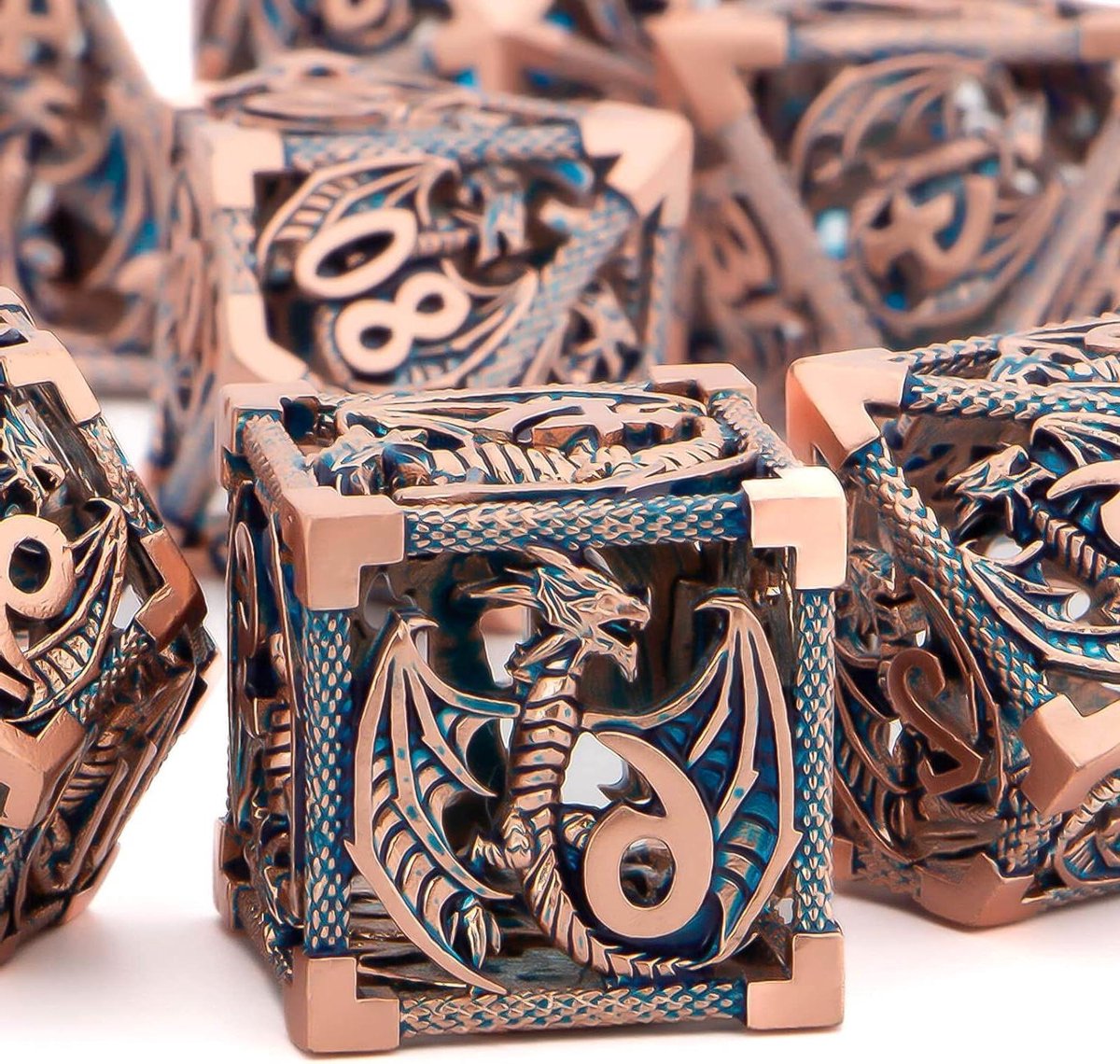 Holle Metalen Dobbelstenen - RPG Dobbelstenen Set - Rollenspellen Spelen - Uniek Hol Vakmanschap - D6: 18.8mm - Goud Blauw