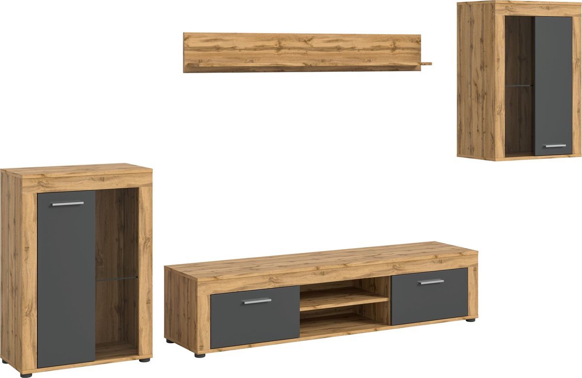 Jam wandkast J1 systeem grijs, eiken decor.