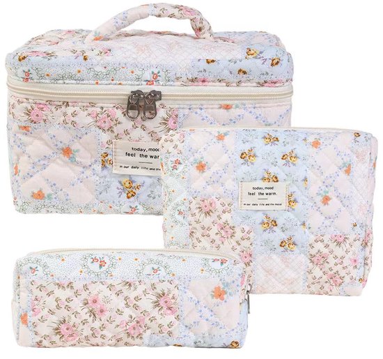 Set van 3 Make-up Tasjes Gewatteerd Bloemen Katoen – Grote Capaciteit Esthetische Cosmetische Tas & Toilettas voor Vrouwen – Reistas Organizer met Ritssluiting -Bloem over het hele oppervlak, 3-delige set [groot + middel + klein]