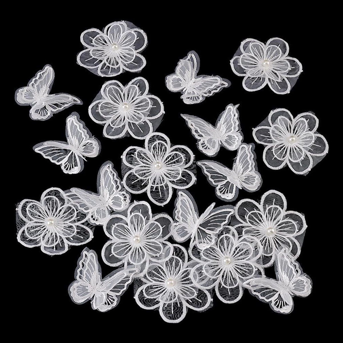 20 Stuks Witte Vlinder Kant Applicatie Trim - Dubbele Laags Organza Vlinder Kant Stof voor DIY Bruidsjurk, Hoed en Haaraccessoires