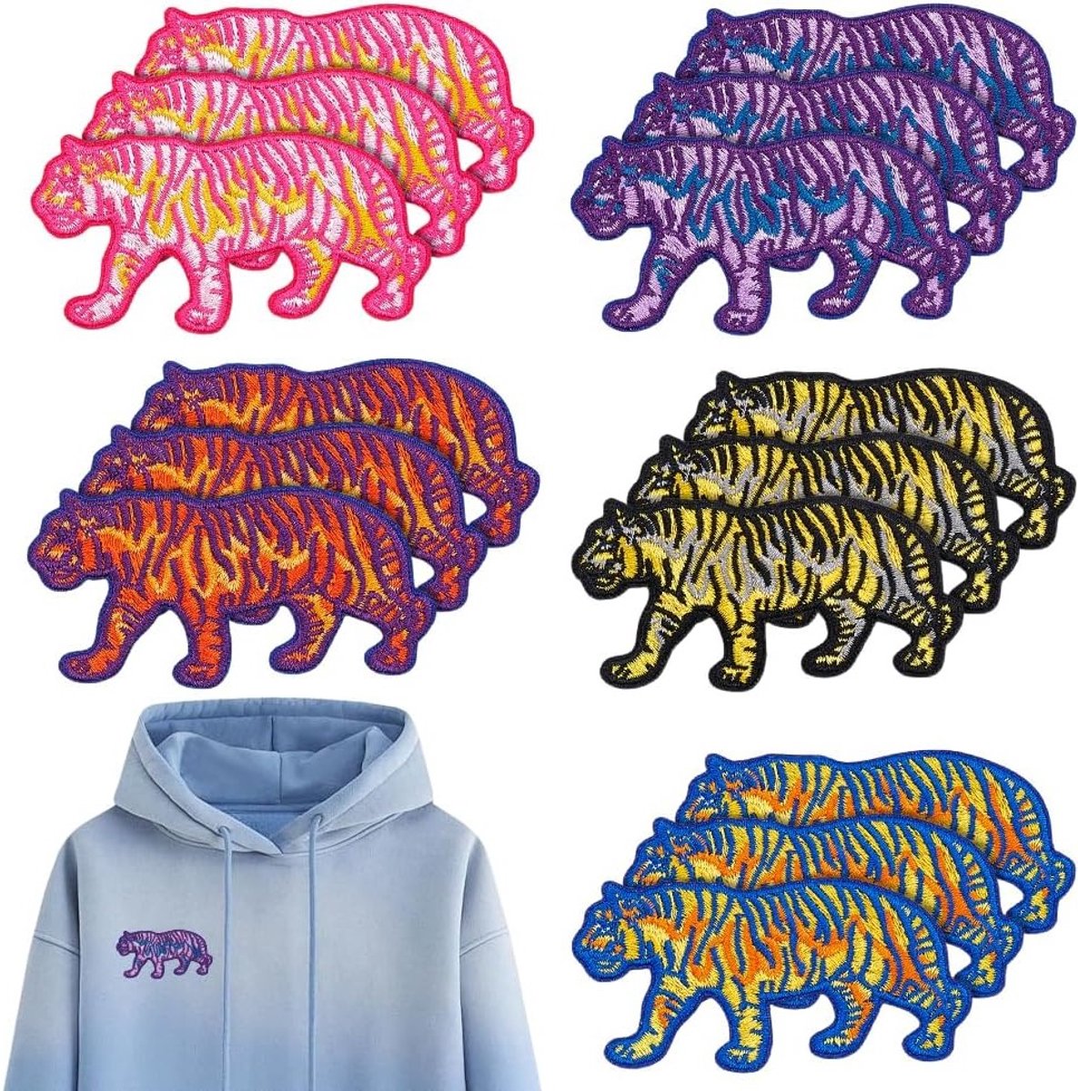 15 Stuks Geborduurde Tijgerpatches in 5 Kleuren voor Kledingdecoratie, Jassen en Rugzakken, 75 x 41 mm