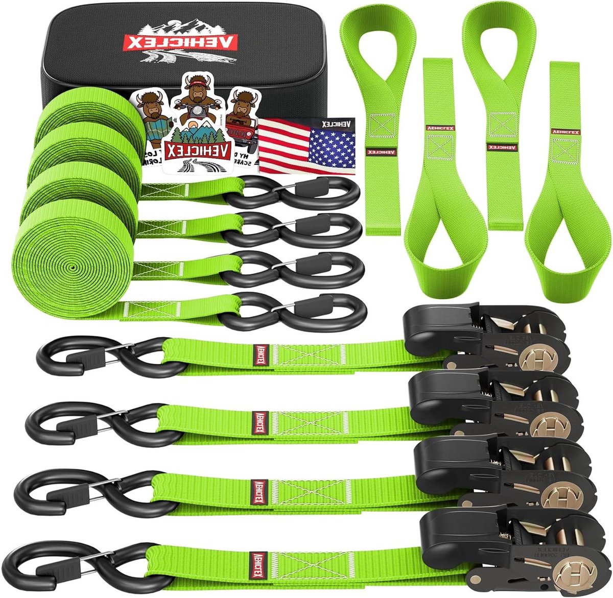 Spanbanden Set - Ratelbanden Cargo - Vracht Beveiligen - Gecoate S-haken - 1 inch x 15 feet - Lime Groen
