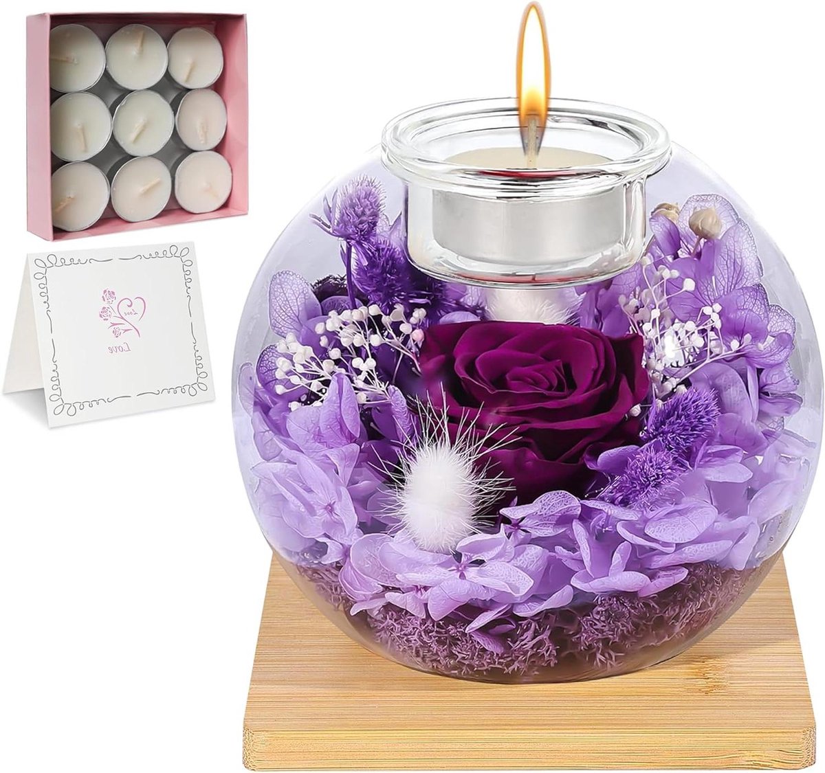 Eeuwige Bloem - Gedroogde Bloemen - Romantische Sfeer - Bewaard in Glas - 18 Geurkaarsen -