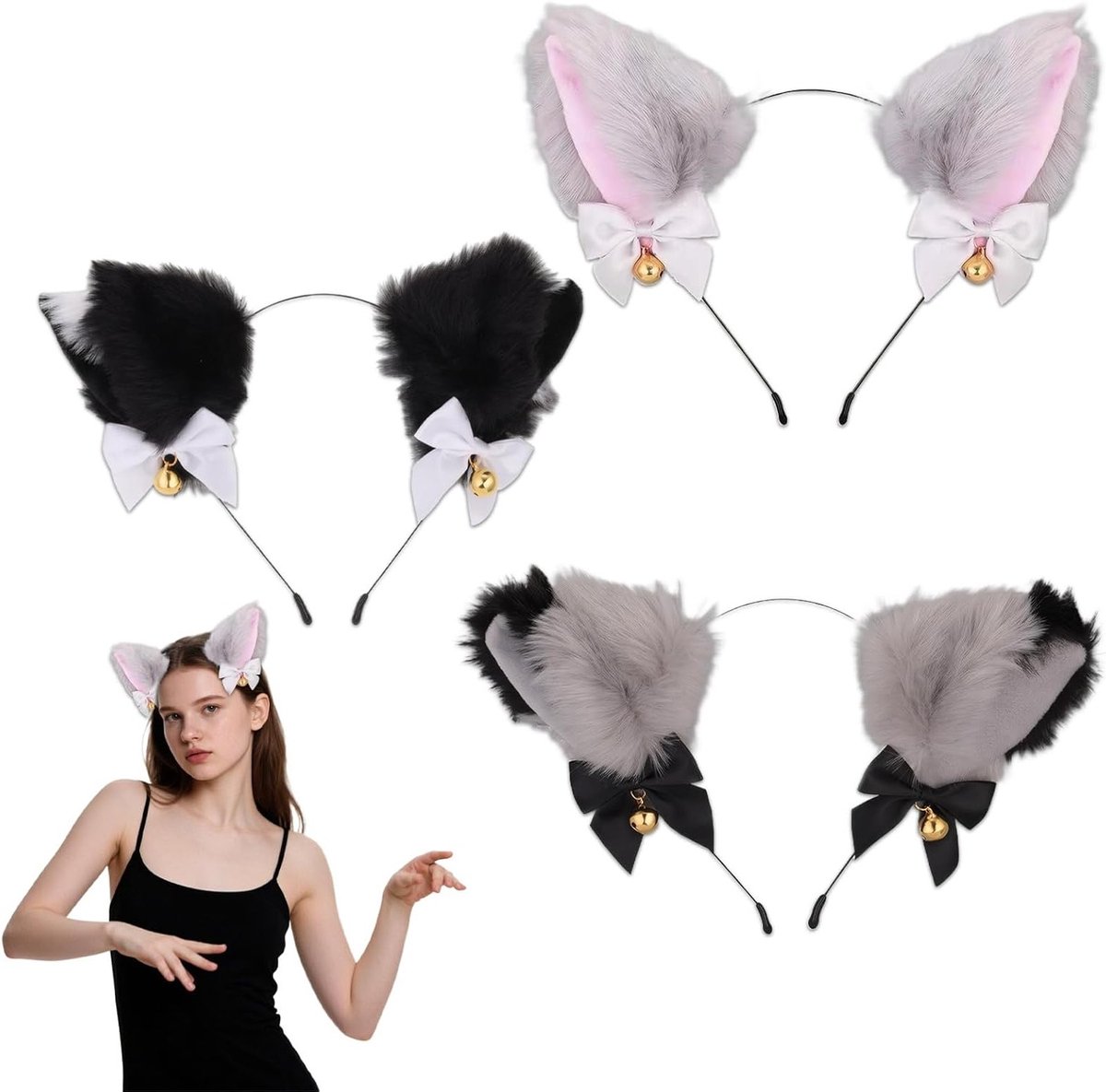Cosplay Haarband met Pluche Kattenoren en Vossenoren - 3 Stuks voor Feestjes, Halloween en Kostuums - Comfortabel en Duurzaam in Zwart