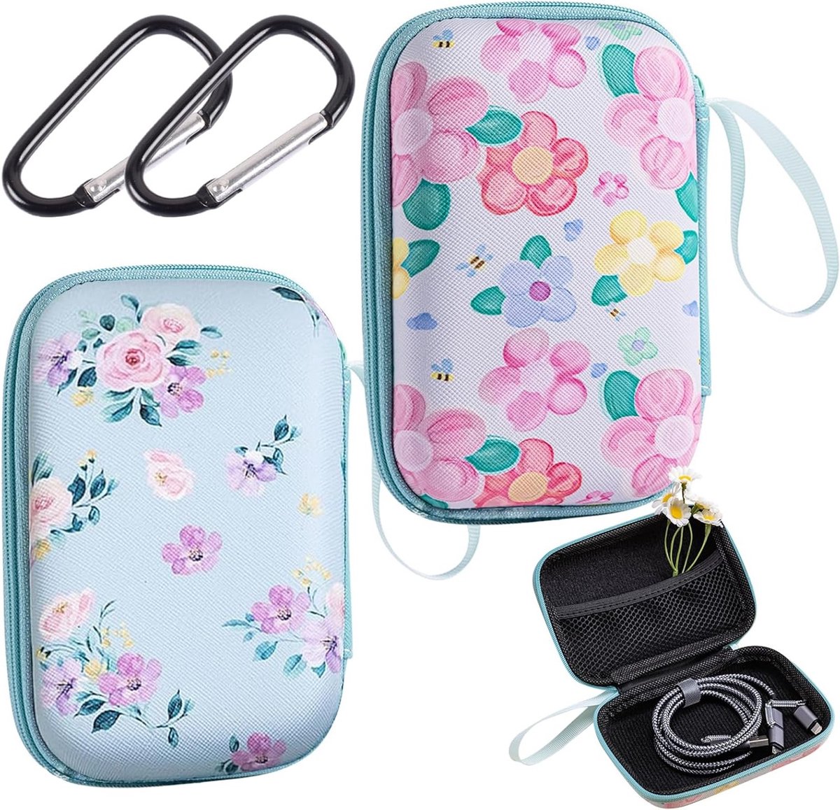 EVA Oordopjes Etui Set met Carabiner, Geprint Hoortoestel en Mini Koptelefoon Opbergtas, Draagbare Hard Shell Zipper Case voor Reizen, Buitenactiviteiten, Kantoor en School