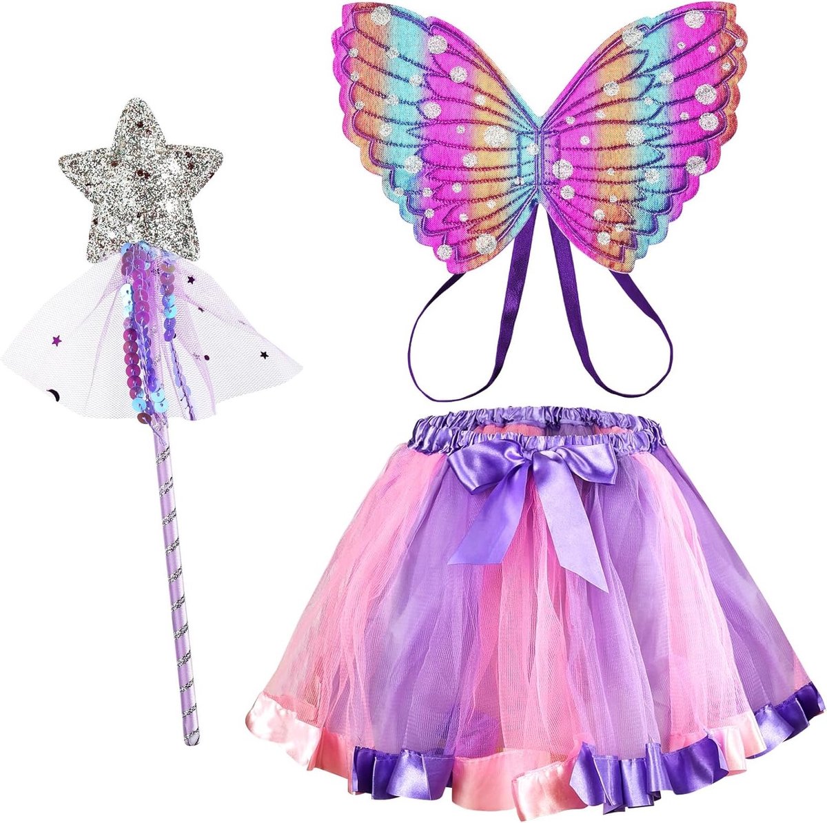 Meisjes Prinsessenjurk met Vlinder Fairy Wings en Tutu Rok voor Carnaval en Cosplay, Paars, Kinderen