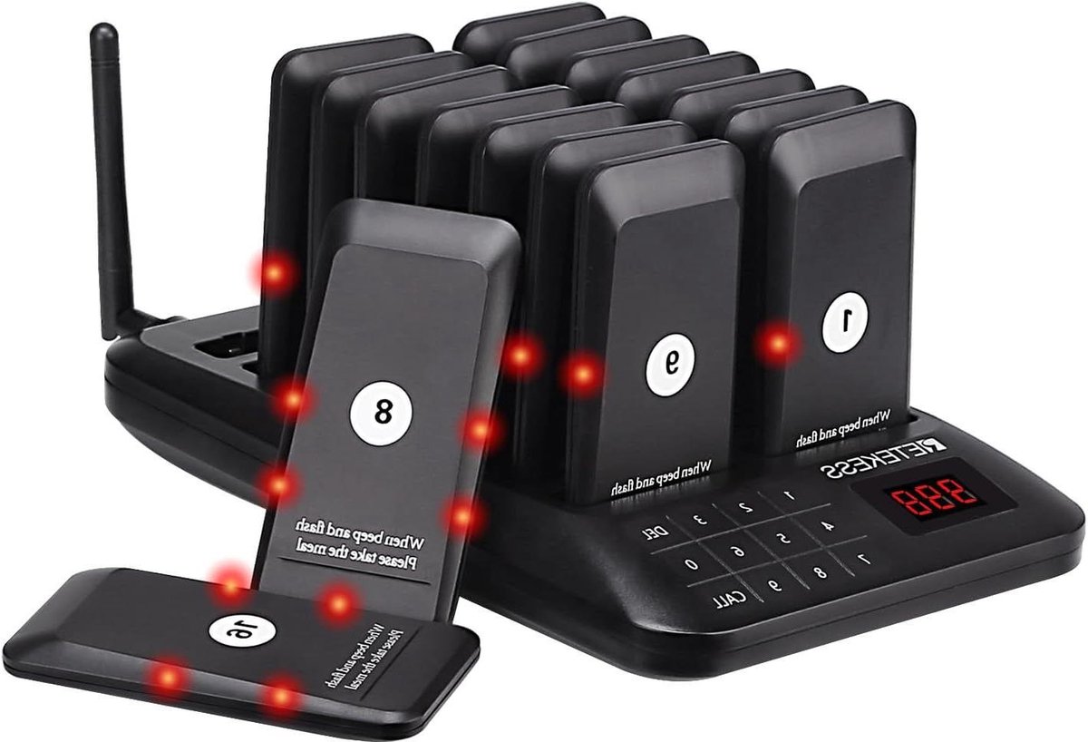 Oproepsysteem Restaurant - Pager Systeem - Klantenservice Verbeteren - Aanpasbare Oproepduur - 16 Pagers - Zwart