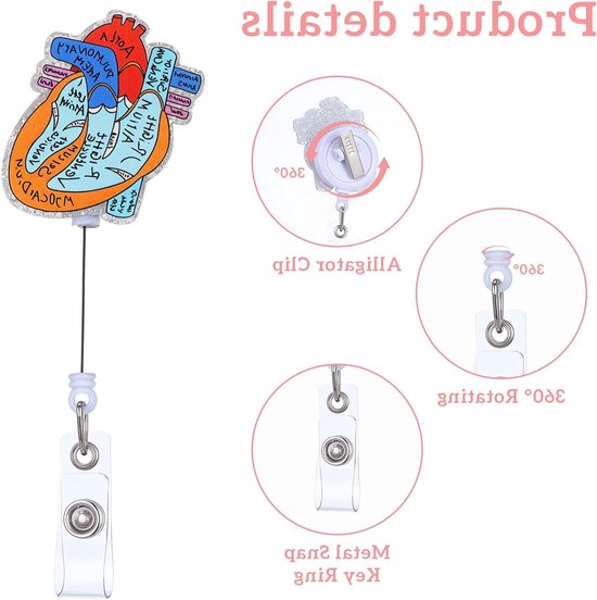 3-delige Hart Badge Reel met Draaibare Alligator Clip voor Flebotomie en Medisch Gebruik - Retractable Badge Reel Houder en Accessoires voor Zorgprofessionals van Merkloos — afbeelding 2
