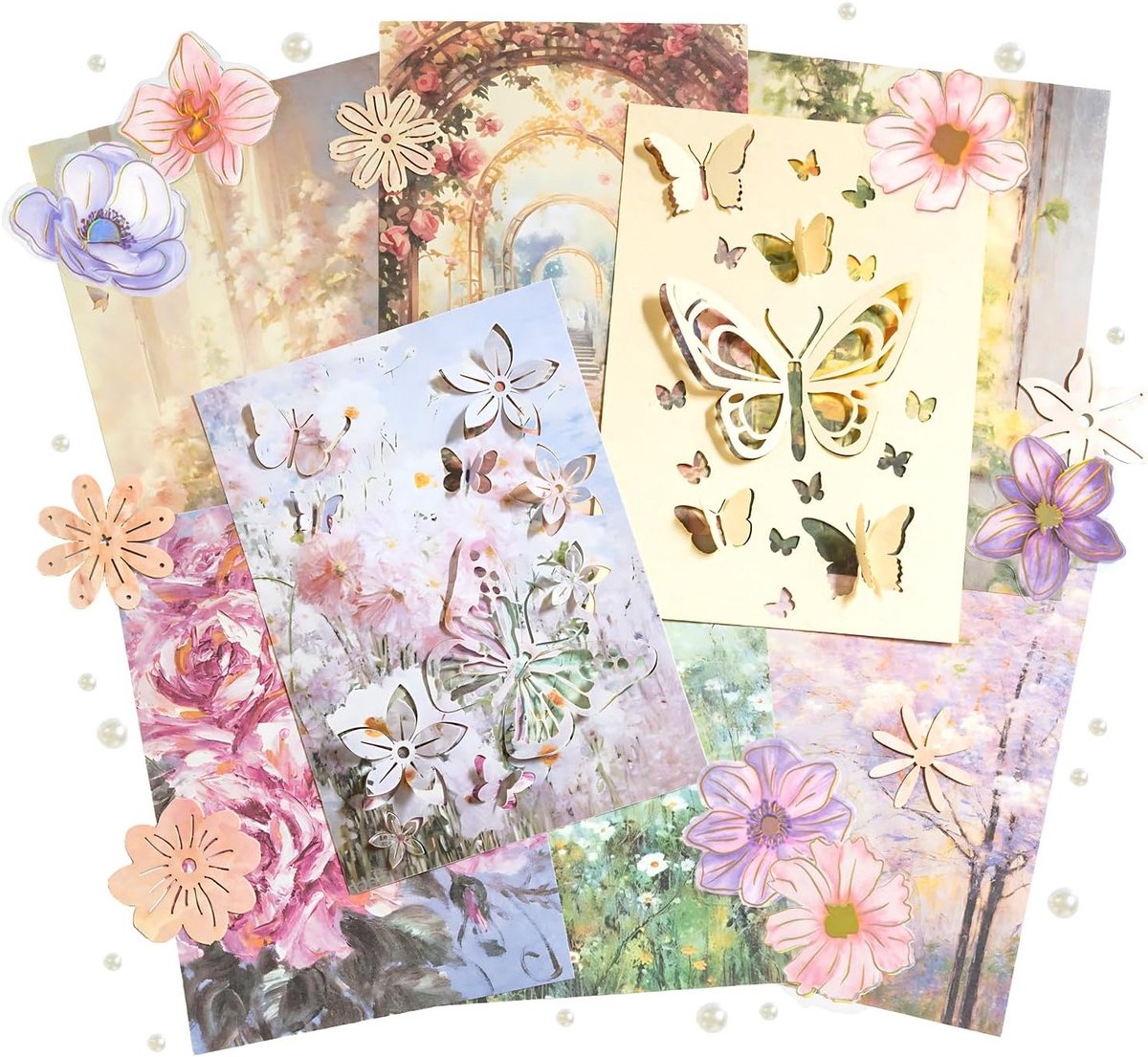 Decoratieve Papier- en Sticker Set met Bloemen, Vlinders en Plantenvormen voor Scrapbooking en Handicrafts - Perfect voor Junk Journals en Kaarten Maken