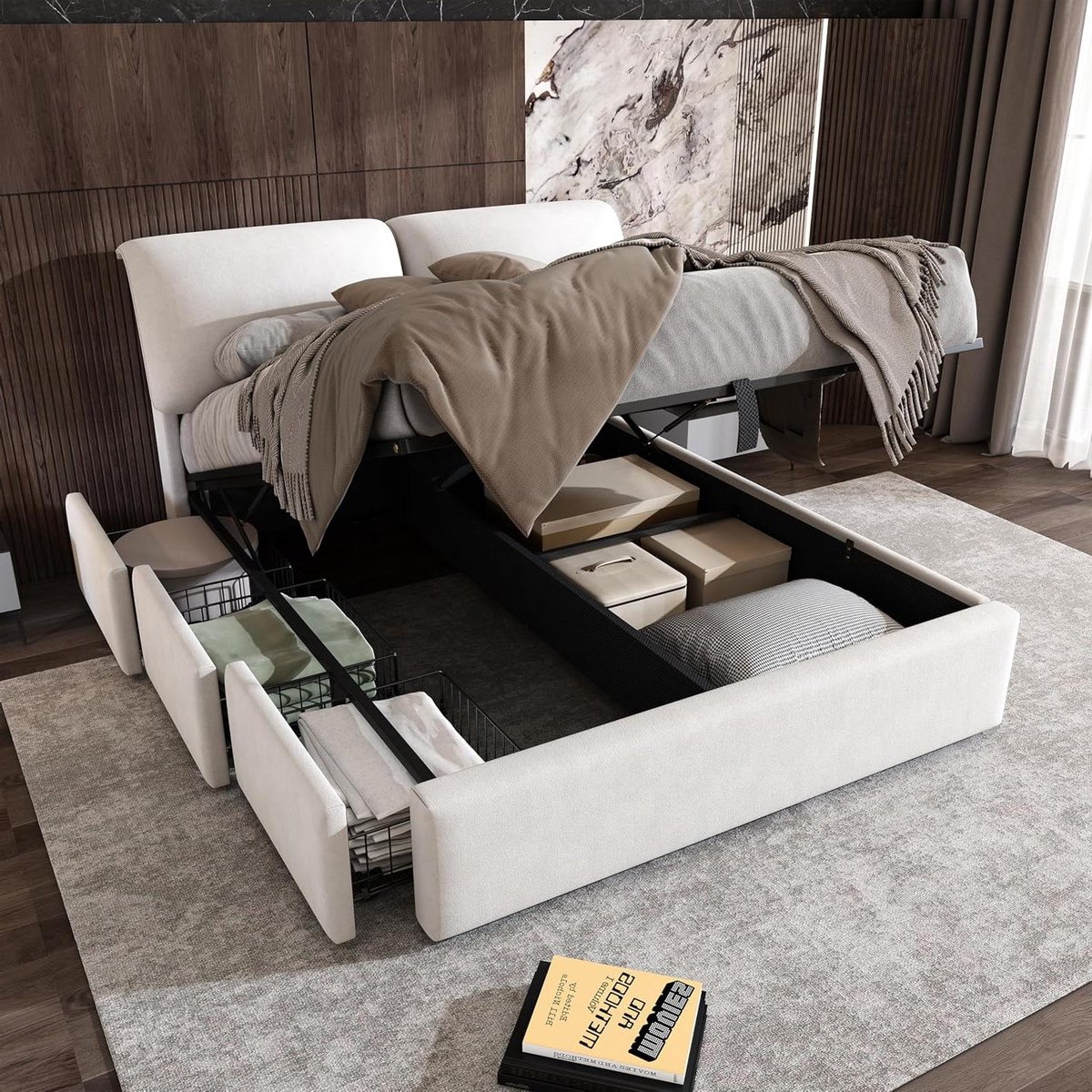 Gestoffeerd Bed - Boxspring Frame - Ruimte Besparen - Hydraulisch Systeem - 140x190 cm - Beige