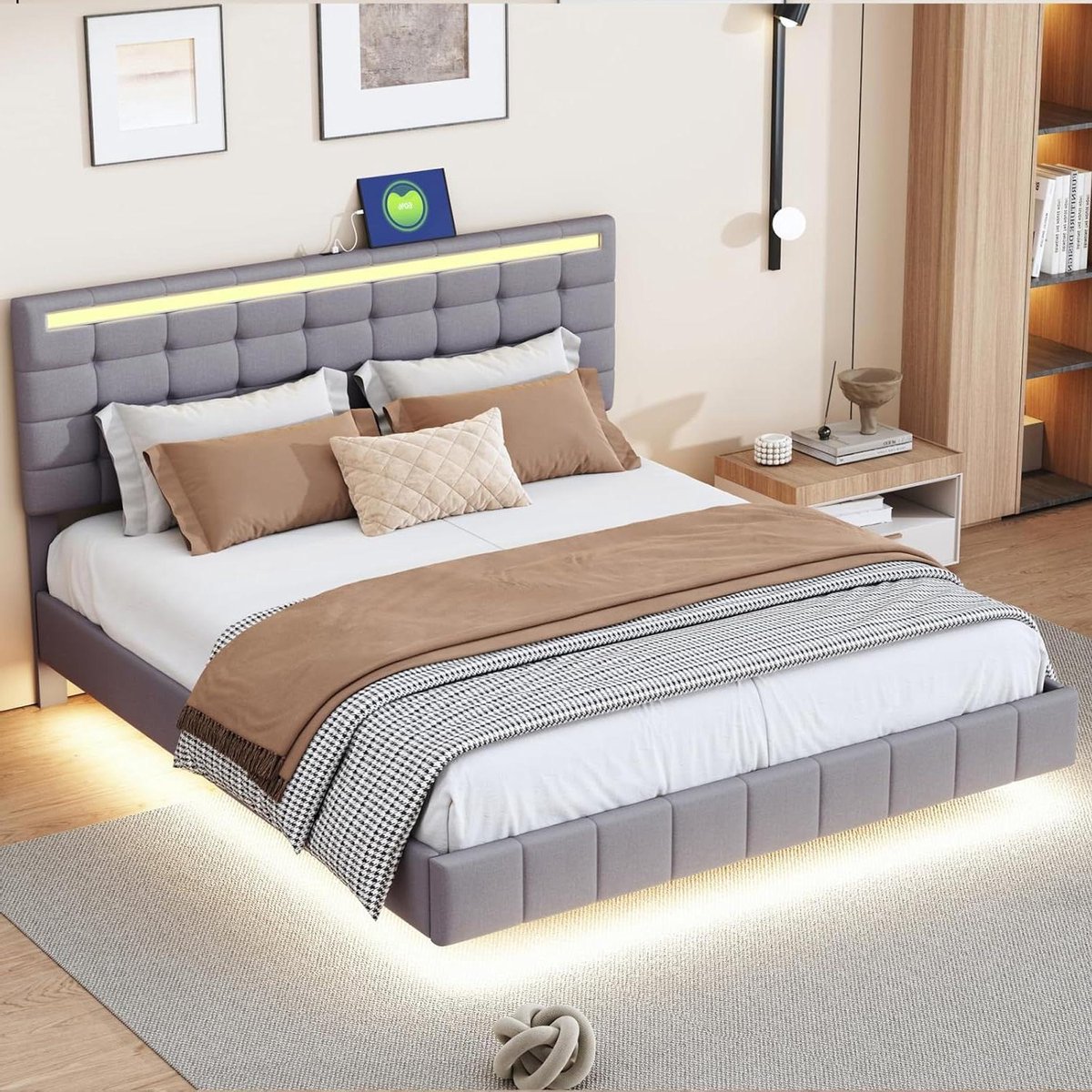 Gestoffeerd bed - Tweepersoonsbed frame - Ontspannen slapen - Zwevend ontwerp - 160 x 200 cm - Grijs