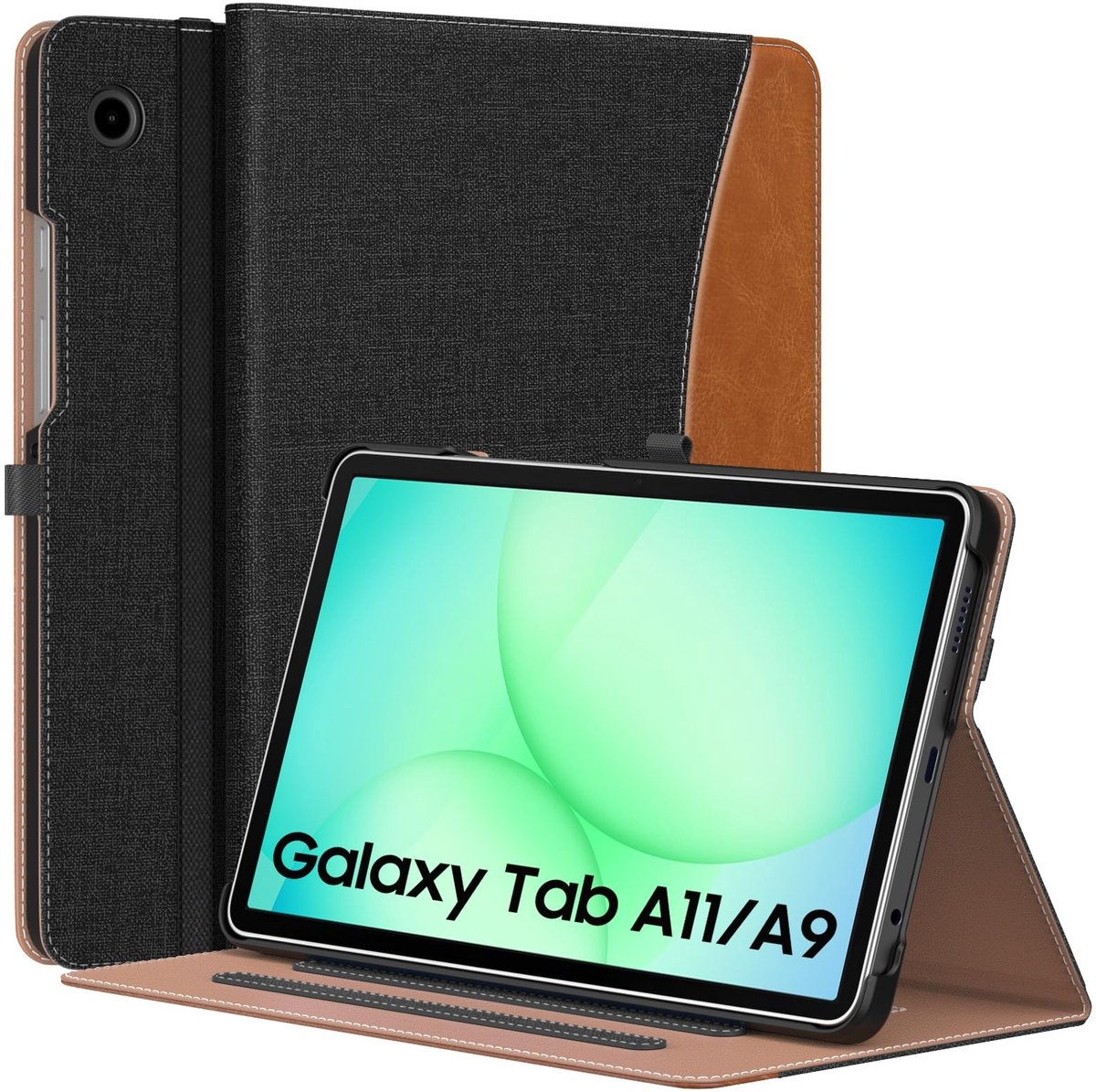 aladdien - MoKo Case Samsung Galaxy Tab A11 8.7-Inch - Premium PU Leer - Multi-Angle Stand - Demin Black & Brown - Hand Strap - Geschikt voor Galaxy...