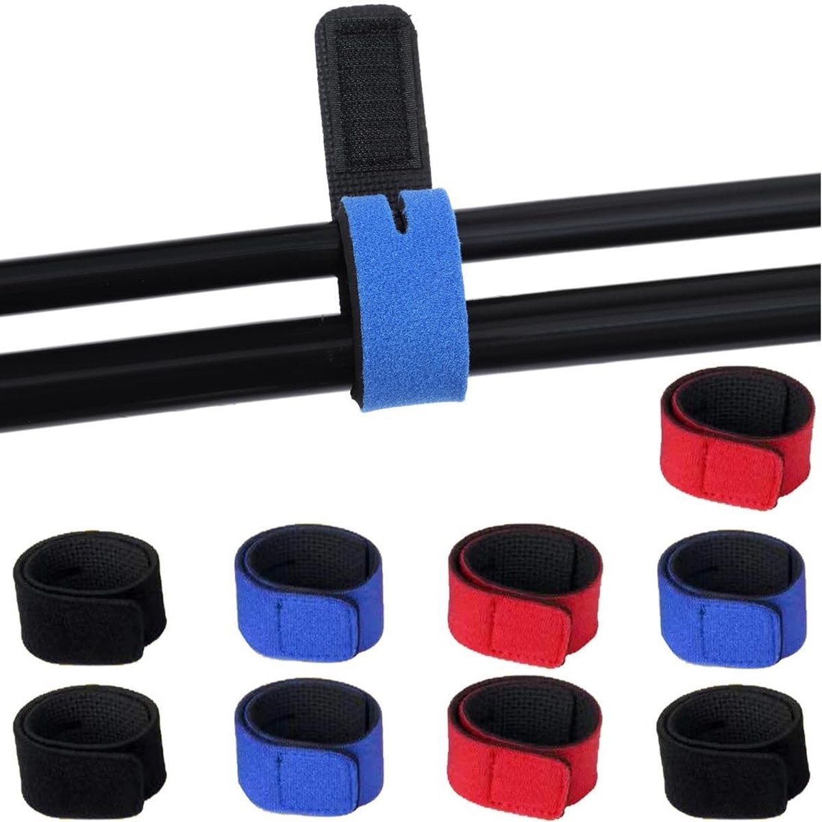 Set van 9 Elastische Kabelbinders voor Vissers - Non-Slip Hengelriemen (3 Rood, 3 Blauw, 3 Zwart)