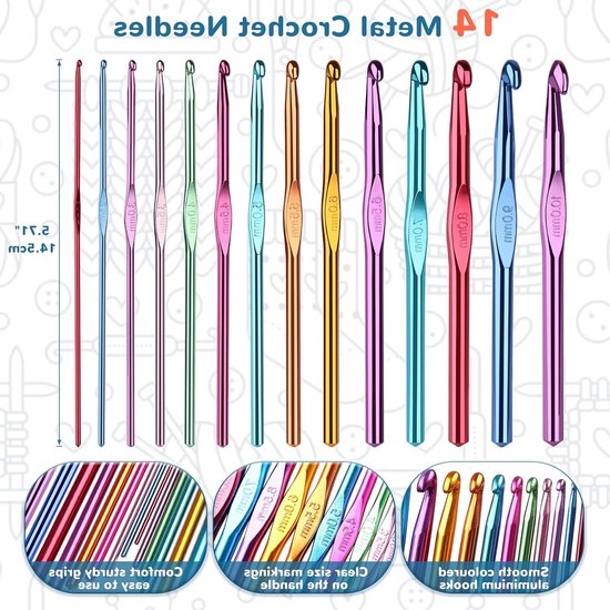 Ergonomische Haaknaalden Set voor Beginners, 14 Kleurrijke Aluminium Haaknaalden, Ideaal voor Artrose en Creatief Haken in Handige Koffer van Merkloos — afbeelding 2