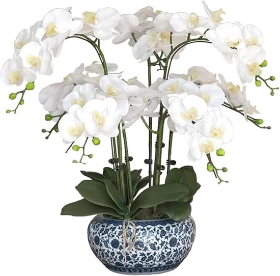 Kunstorchideeën Set - Nepbloemen Vaas - Decoratie Huis - Natuurlijke Uitstraling - 53 cm - Wit