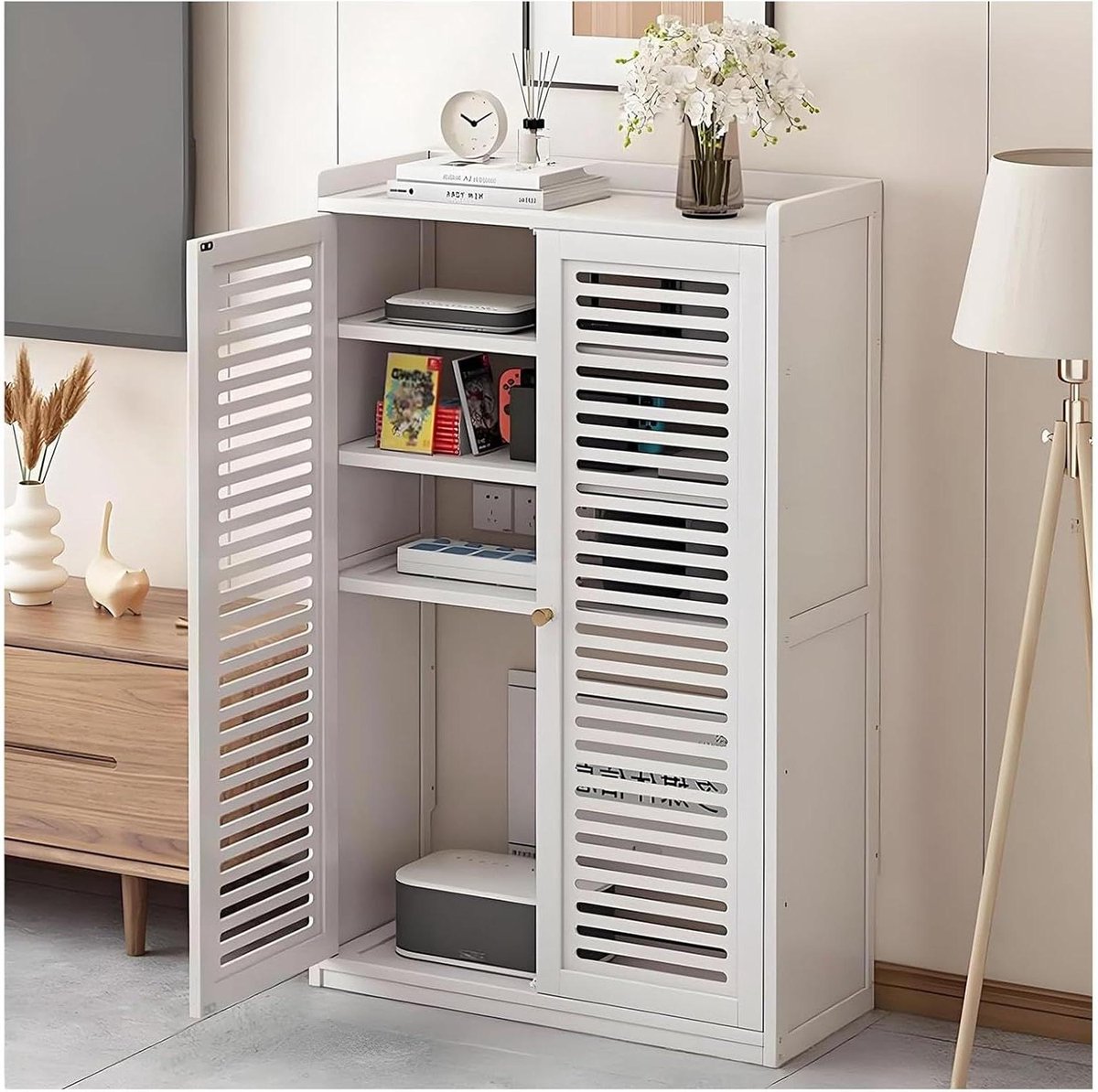 Bamboe Opbergkast - Router Organizer - Elektronica Ordenen - Signaalvriendelijk Ontwerp - Verstelbare Planken - Wit
