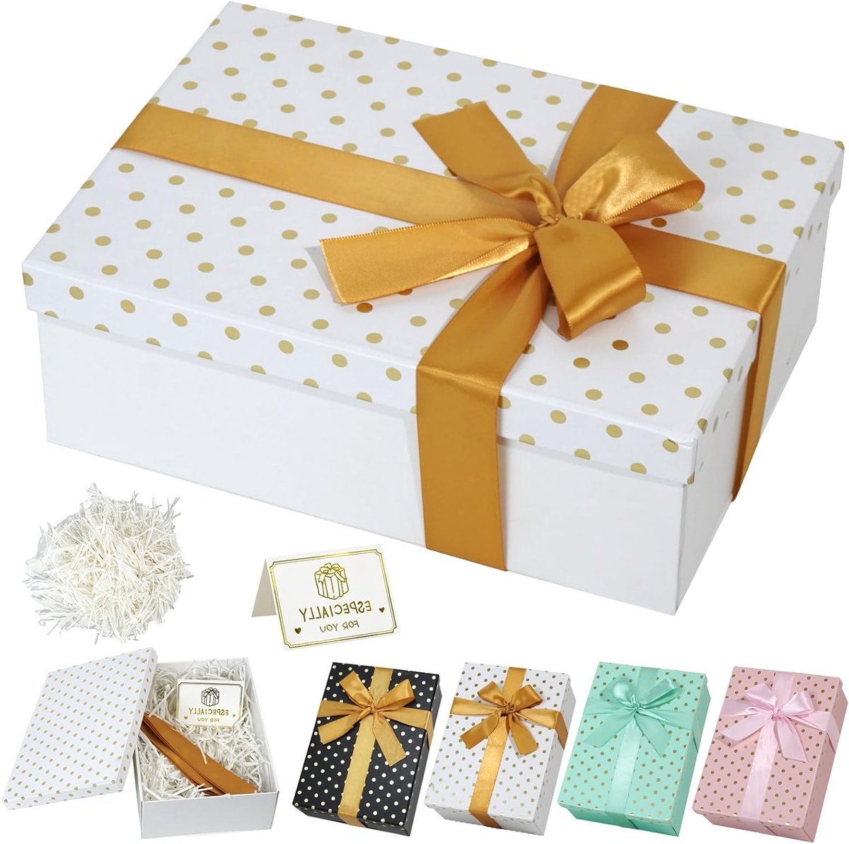 Grote Cadeau Doos met Deksel, Polka Dot Patroon, Inclusief Raffia Papier en Wenskaart, Perfect voor Verjaardag, Bruiloft en Kerst 25 x 18 x 8.5 cm