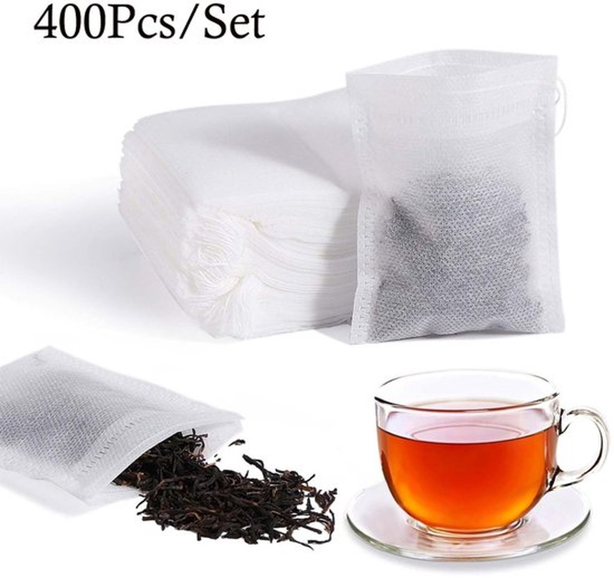 Verpakking van 400 wegwerp-theefilterzakjes, wegwerp-theezakjes met trekkoord, wegwerp-theezakjes, theefilter voor geurende thee, specerijen, vanille, lavendel, koffie (7 cm x 5 cm)