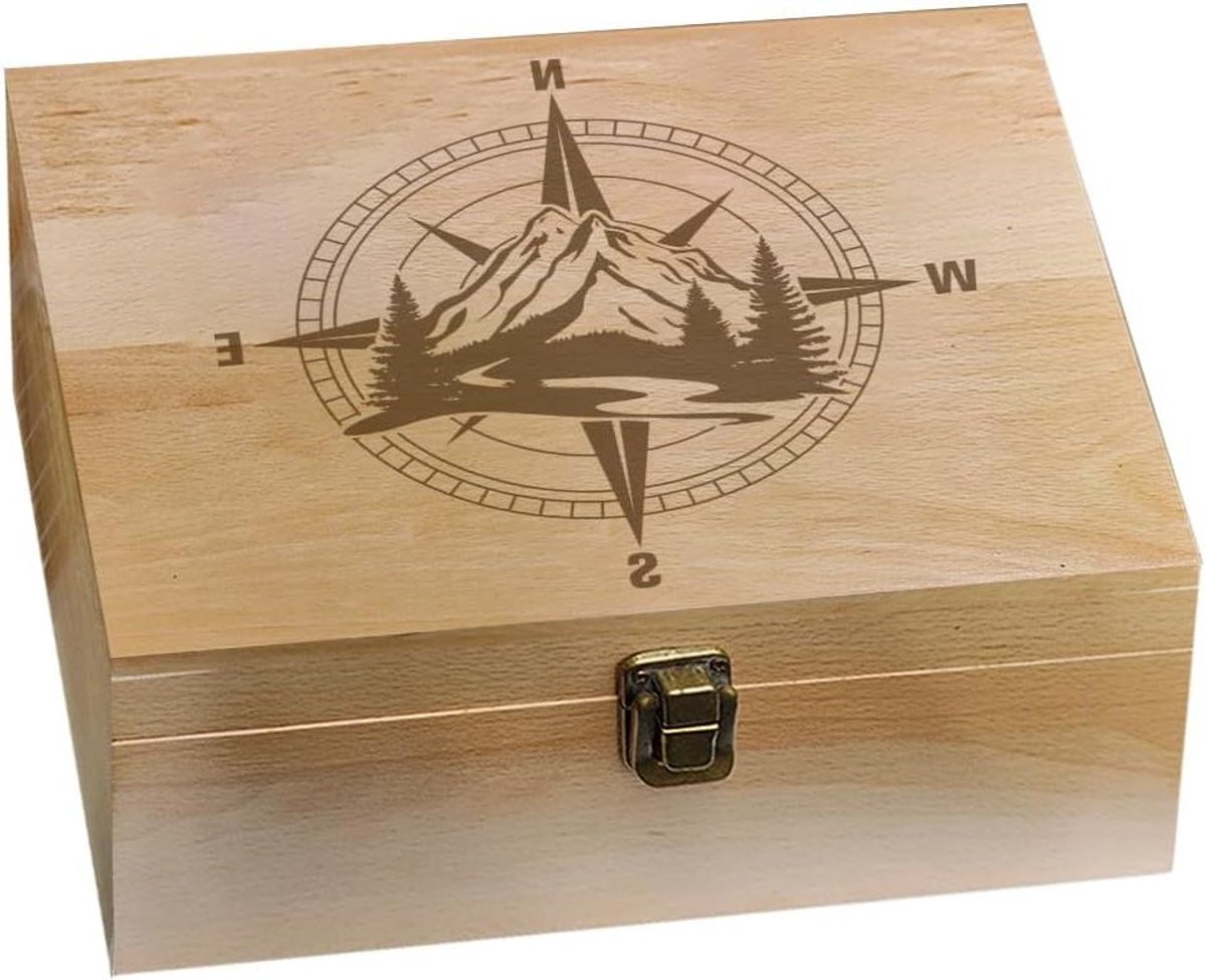 Houten Herinneringsdoos - Bewaar Kist - Sieraden Opbergen - Bergkompas Decoratie - 24.5x19.5x10.3cm - Natuurlijk Hout