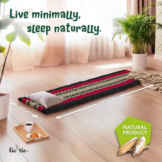 Rolmatras Gastenbed - Reisbed 1 Persoon - Ontspannen Buiten - Handgemaakt Kapok Vulling - 200x50x4.5cm - Zwart Rood — afbeelding 2
