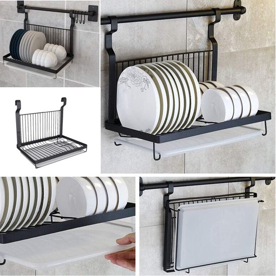 Opvouwbaar afdruiprek - Keuken organizer - Servies drogen - Inclusief lekbak - 396 x 265 cm - Mat zwart — afbeelding 4