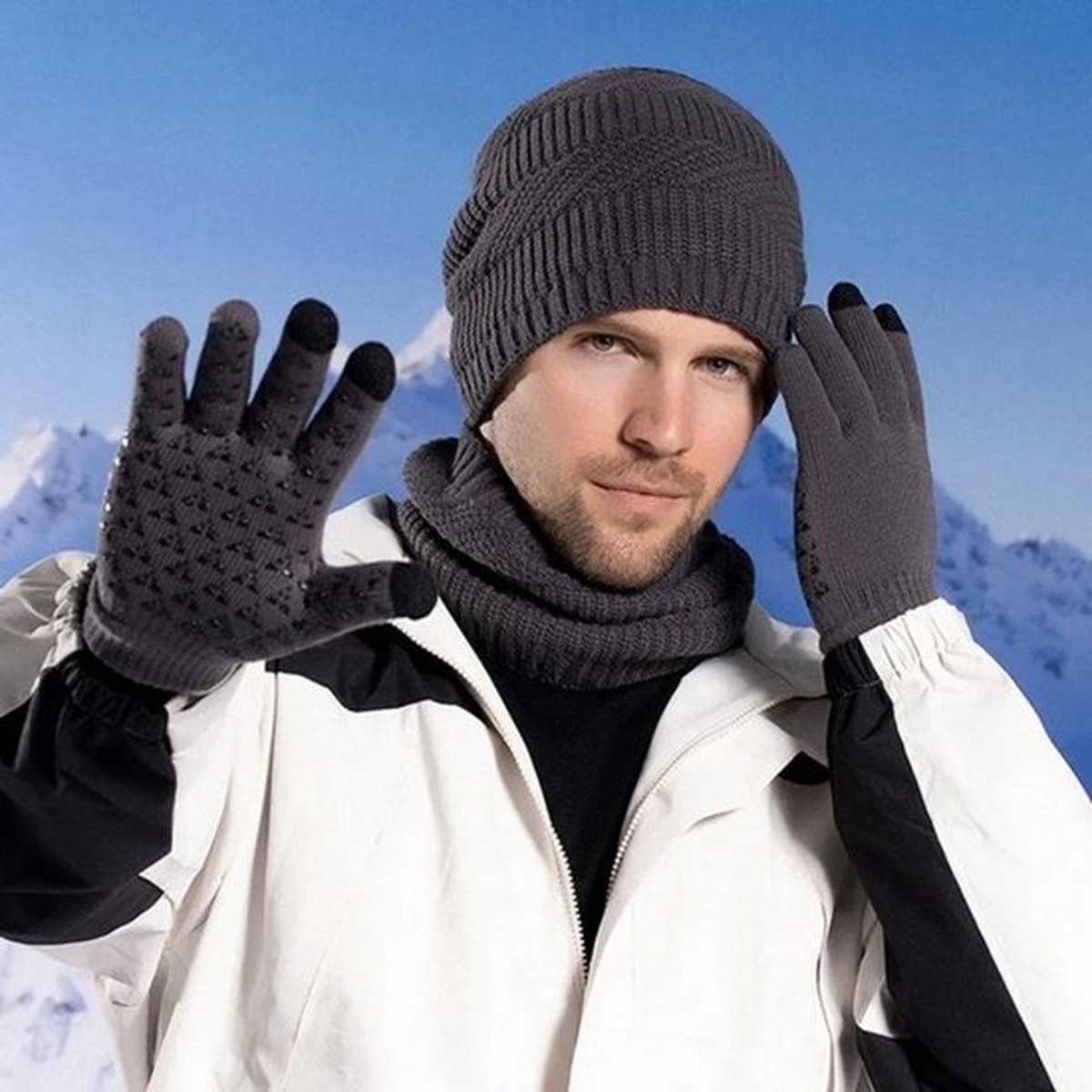 3-delige effen muts, sjaal en handschoenenset van wol, dikke, thermische gebreide muts, warme thermische bescherming, wintermuts, koud weer - mode, kledingaccessoires - warmte