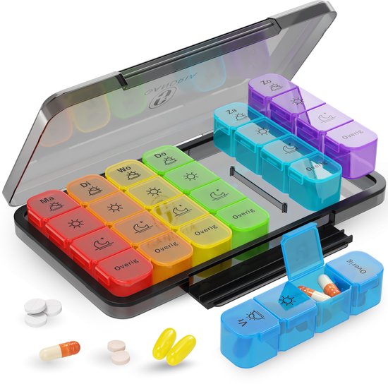 Gandria Pillendoos 7 Dagen 4 Vakken - Nederlandstalig - Platte Medicijndoos met Siliconen Afdichting - Uitneembare Gekleurde Pillendoosjes