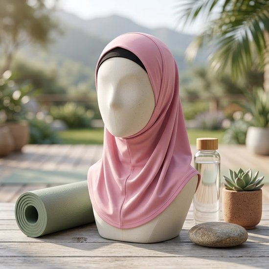 Een roze hijab gedrapeerd om een paspop, buiten op een houten tafel met een yogamat en fles water.