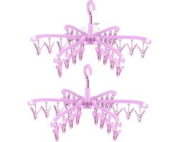 Set van 2 opvouwbare droogrekken met 24 knijpers voor het drogen van sokken, lingerie, babykleding, handdoeken, roterend drogen, roze