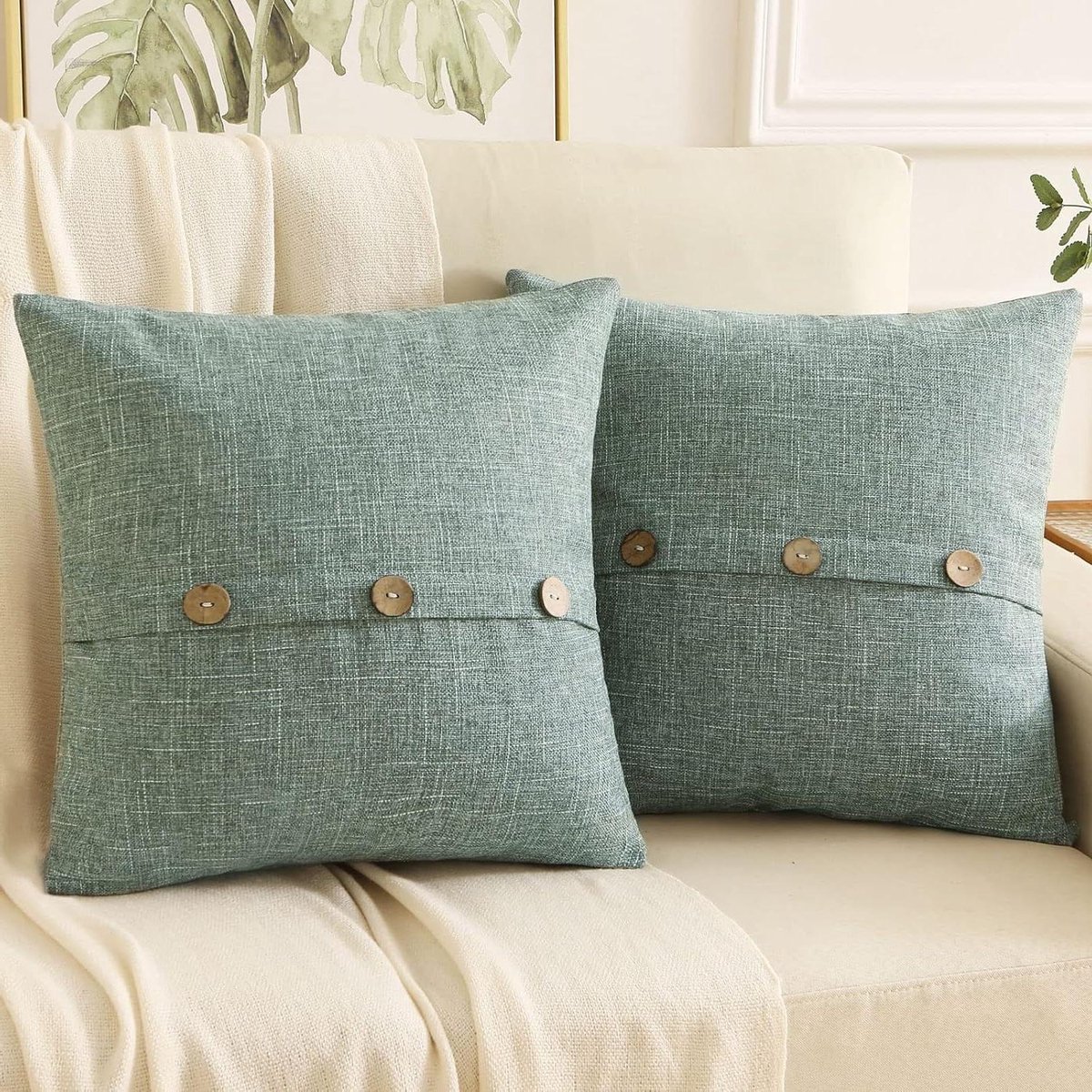 Decoratieve Kussenhoezen - Linnen Sierkussens - Woondecoratie - Vintage Knopen Sluiting - 45x45cm Set van 2 - Saliegroen
