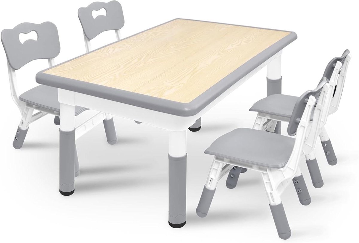 Kindertafel met stoelen - Kinderbureau set - Spelen en leren - In hoogte verstelbaar - 120x60cm tafel - Grijs