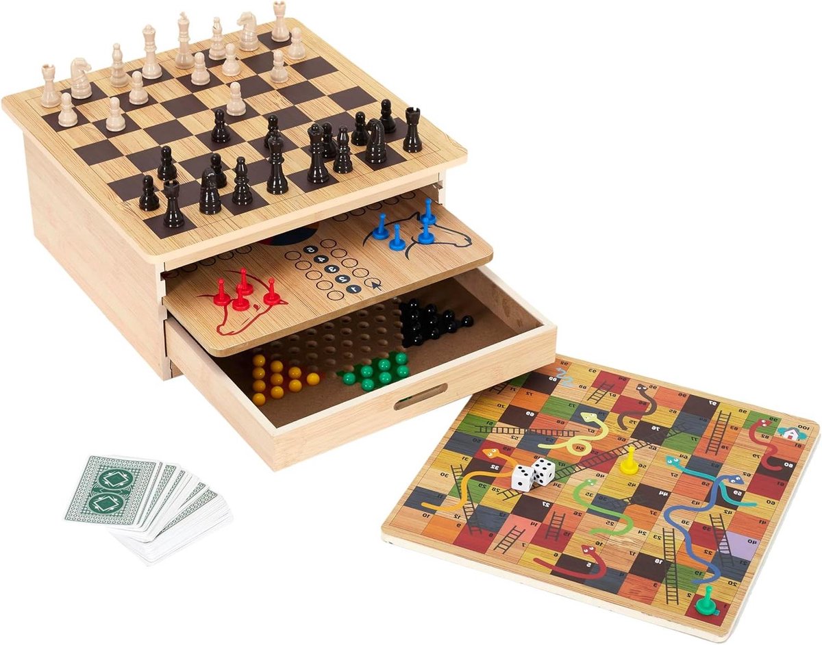 Houten Bordspellen Set - 10 Spellen Box - Familie Avonden - Veelzijdige Spelcollectie - 32.5 cm - Bruin