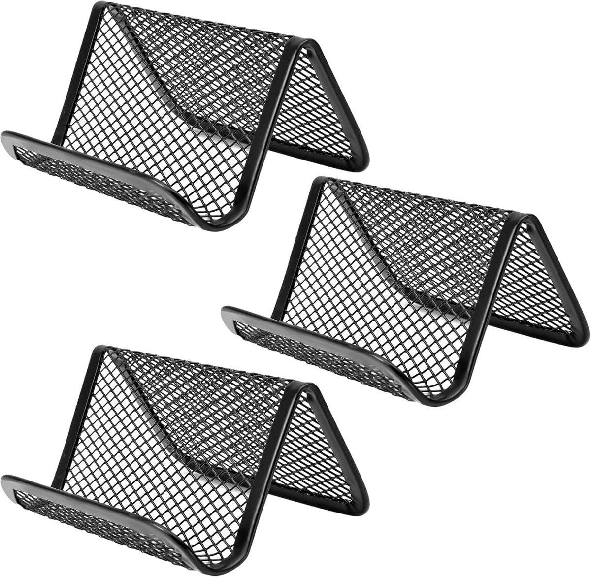 BokWin 3 Pack Business Card Holder Desk Sturdy Metal Mesh Desk Organizer Office Name Card Display Stand, Black