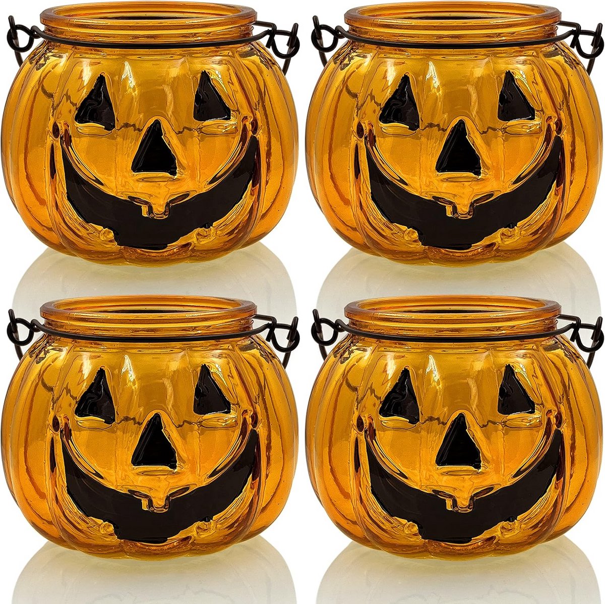 Halloween Kaarsen Set - Pompoen Lantaarns - Feestelijke Decoratie - Grimas Patroon - Set van 4 - Oranje