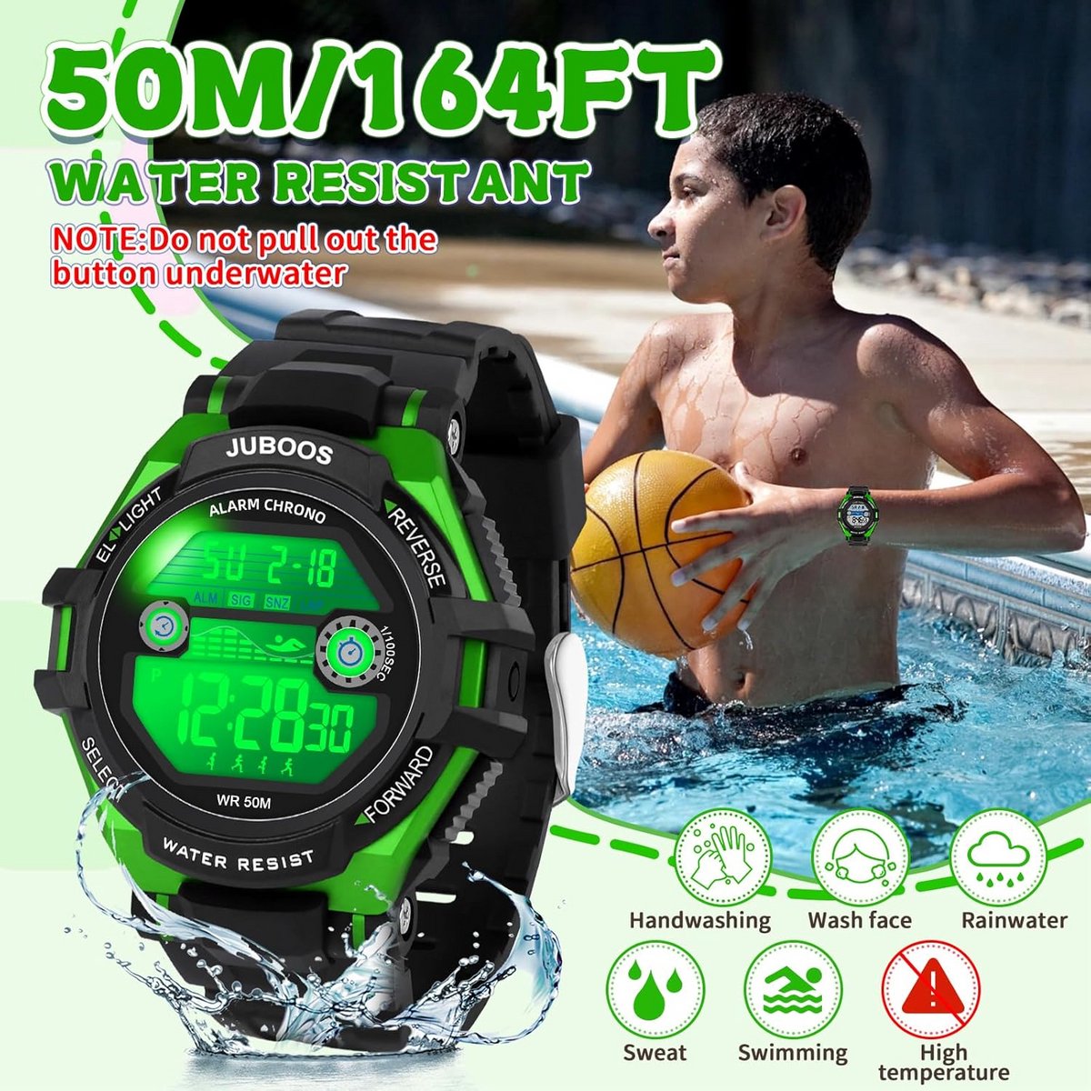 Kinderhorloge met licht 50m waterdicht - analoge kwarts uurwerk voor jongens en meisjes 7-16 jaar
