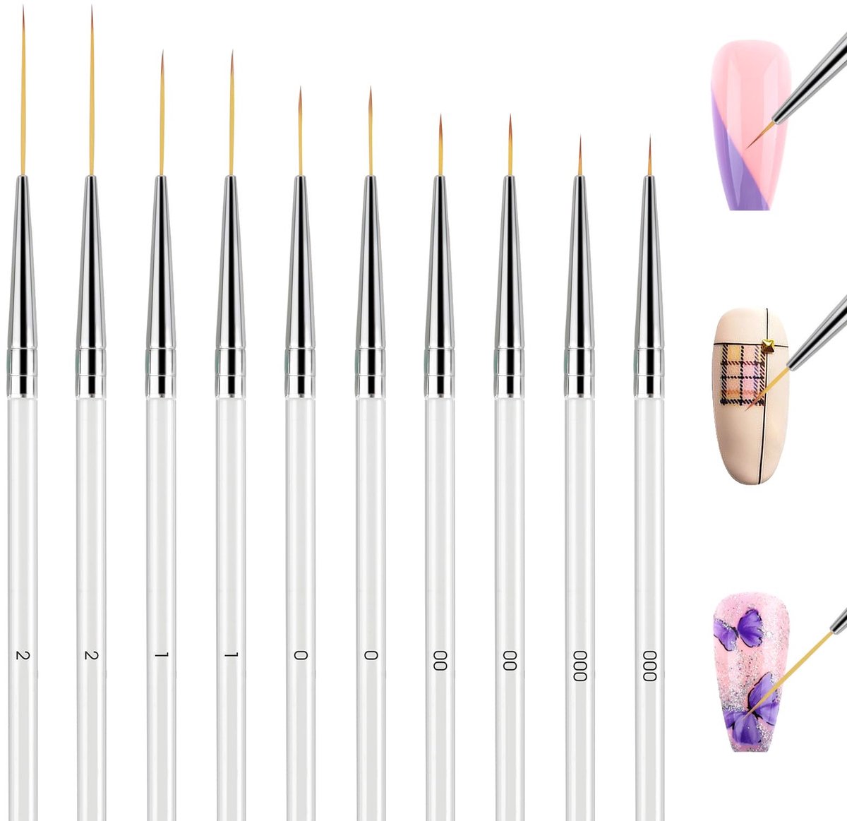MTTproducts- Nagelkunstkwastenset 10 Stuks - Dunne Nagelkwasten - Transparante Handgreep - Tekengereedschap - Fijne Stippen - 16-18 cm - Nailartpenselen