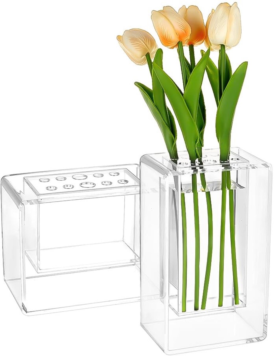 Cosensi- Acryl Vaas Set - 2 Stuks - Moderne Rechthoekige Vazen - Drijvende Bloem Vazen - Decoratieve Vazen - Inzetpanelen met Gaten - Bloemenvazen