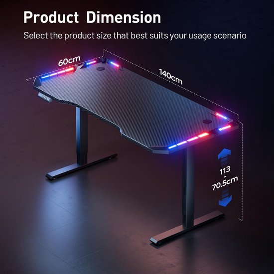 Elektrisch In Hoogte Verstelbaar Gamingbureau (140x60cm) met LED Verlichting en Geheugenfunctie — afbeelding 2
