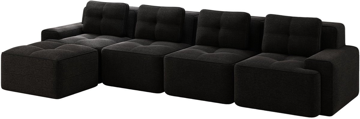 Merax L-Vormige Cloudbank 4-Zits - Zwarte Ribstof Loungebank 382 cm - Modulaire Bank met Chaise Longue - Diepe Zitting - Antislip Onderzijde - Geen Montage Nodig