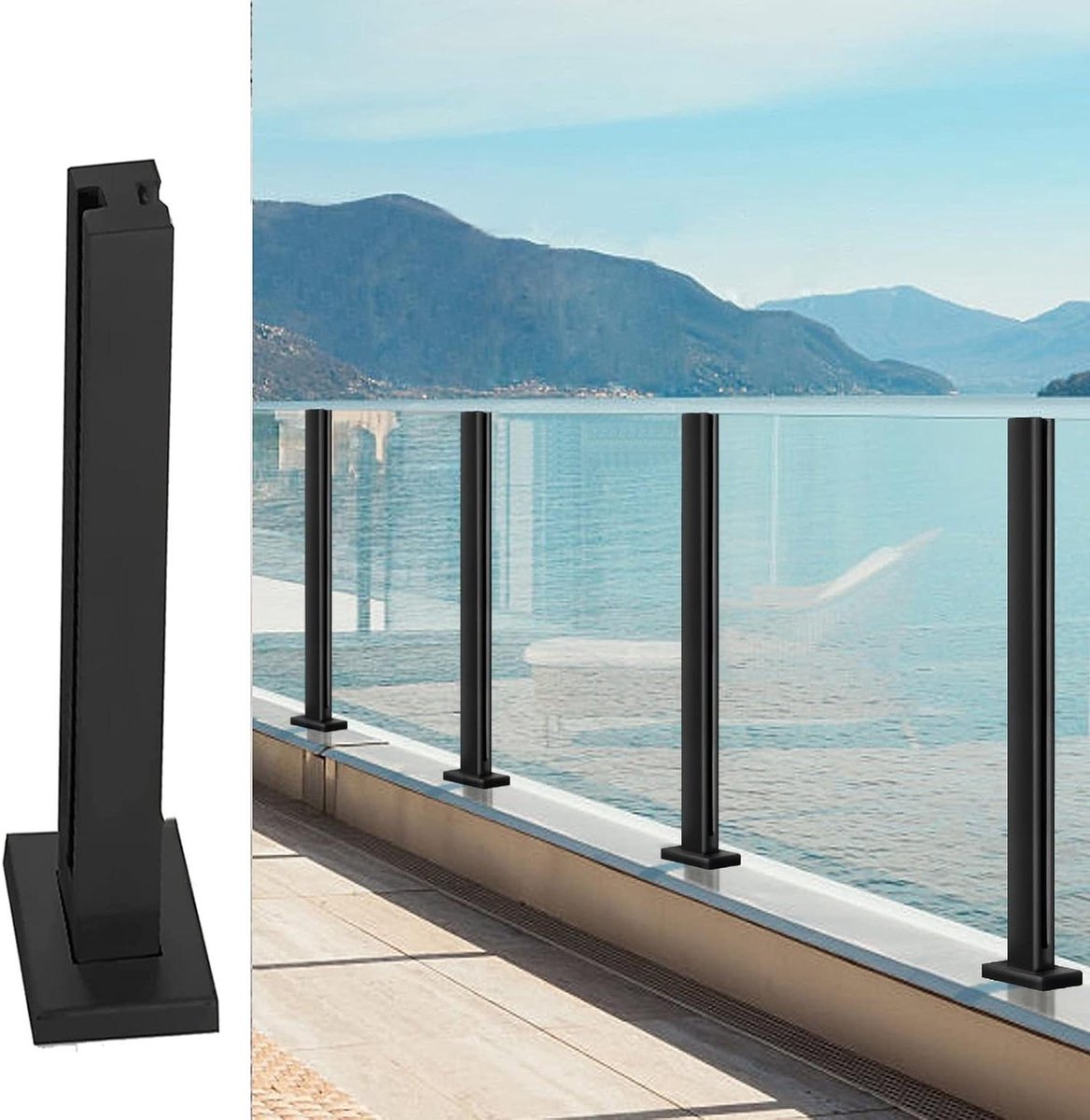 Glazen Klempaal - RVS Reling - Terras Beveiligen - Eenvoudige Montage - 115 cm - Zwart